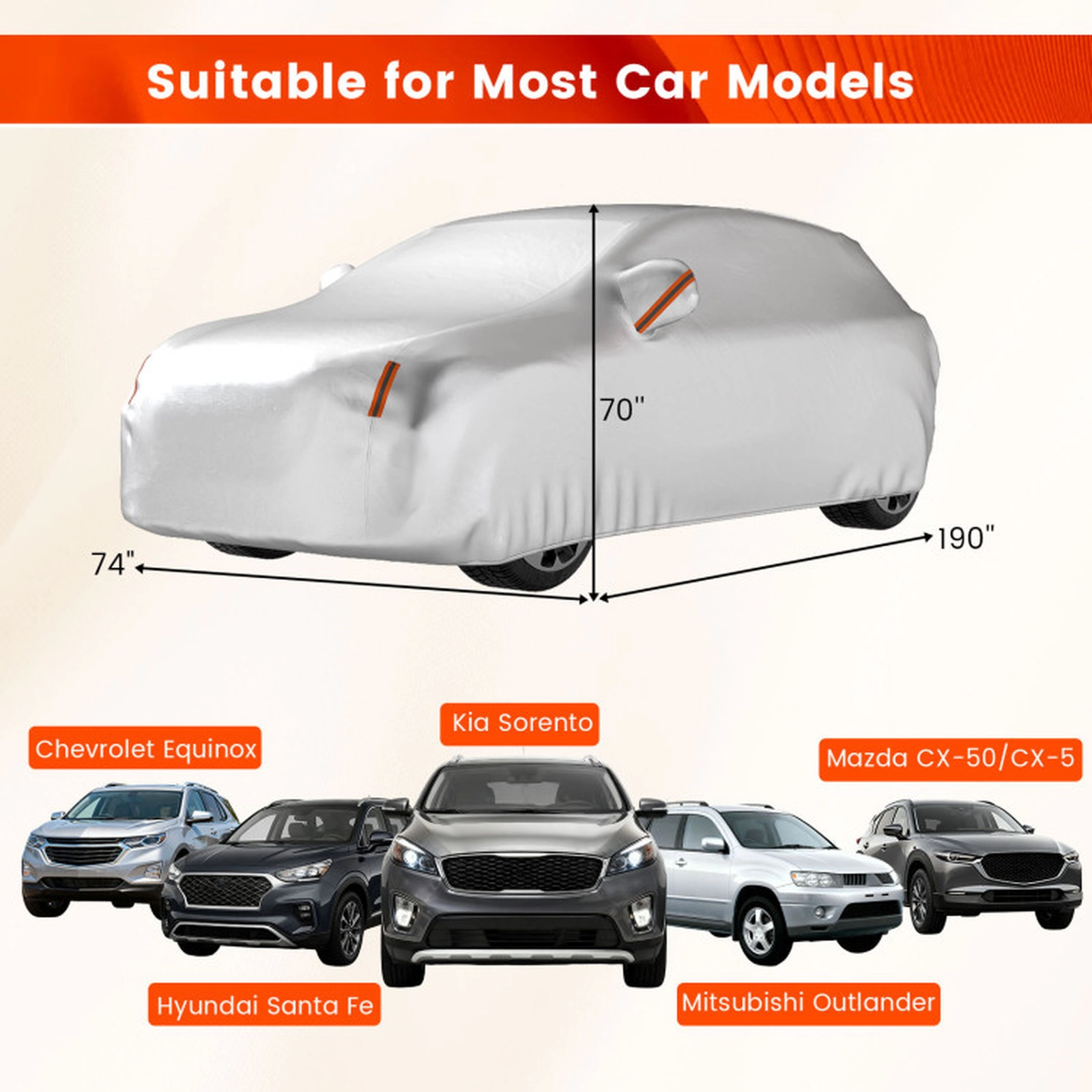 SUGIFT Silver Waterproof SUV Car Cover with Mirror Pockets and 6 Reflective Strips 190-in W 74-in D 70-in H