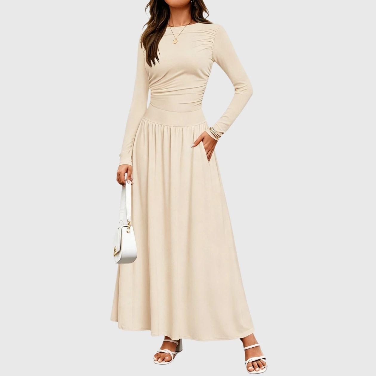 YesFashion Womens Fall Maxi Dress Casual Stretch Long Sleeve Crewneck A Line Flowy