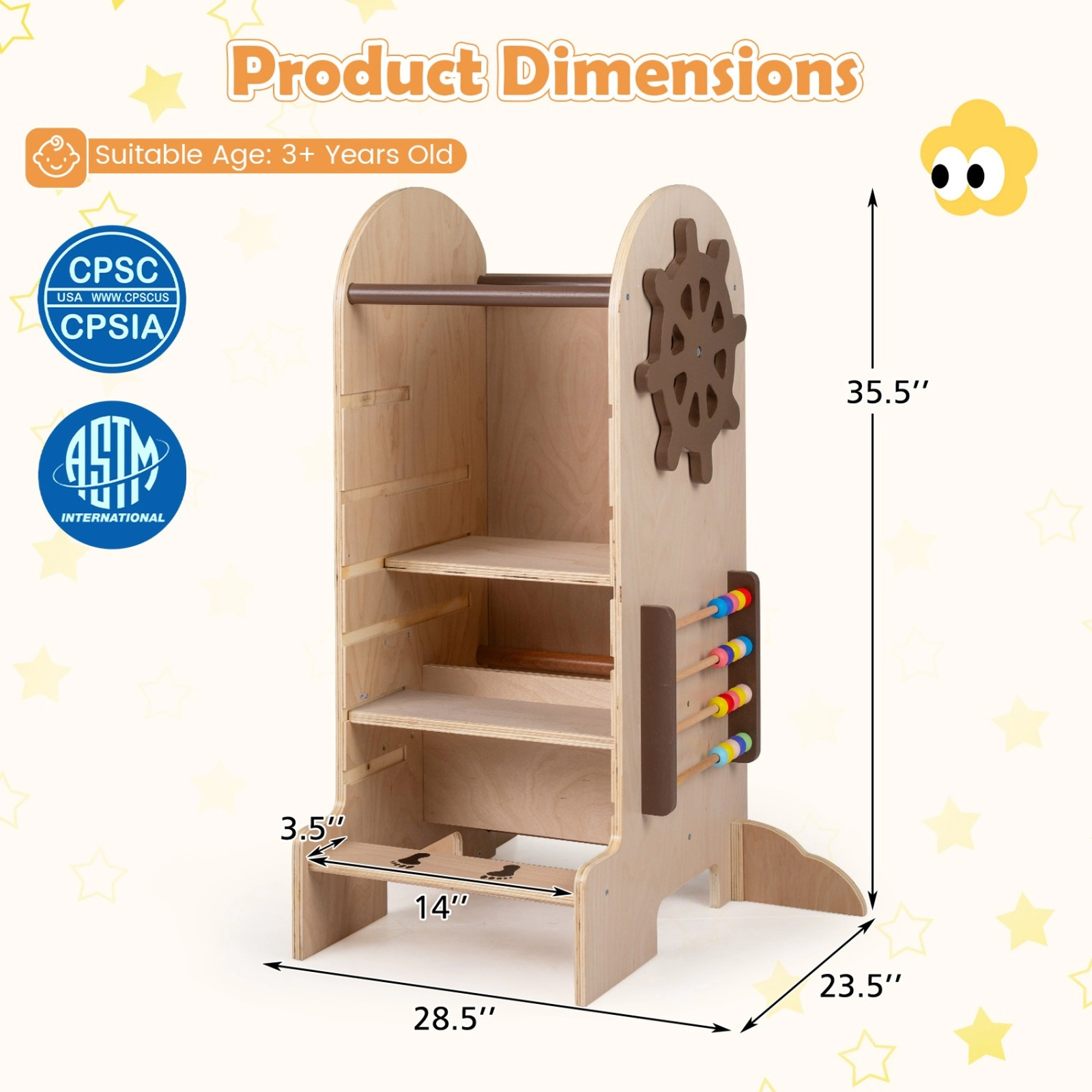 SUGIFT Natural Toddler Kitchen Helper Tower Stool with 3 Adjustable Heights Slide and Wood Chalkboard