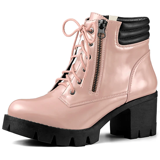 BLISSFUL STEP Women Round Toe Chunky Heel Lace Up Platform Combat Boots