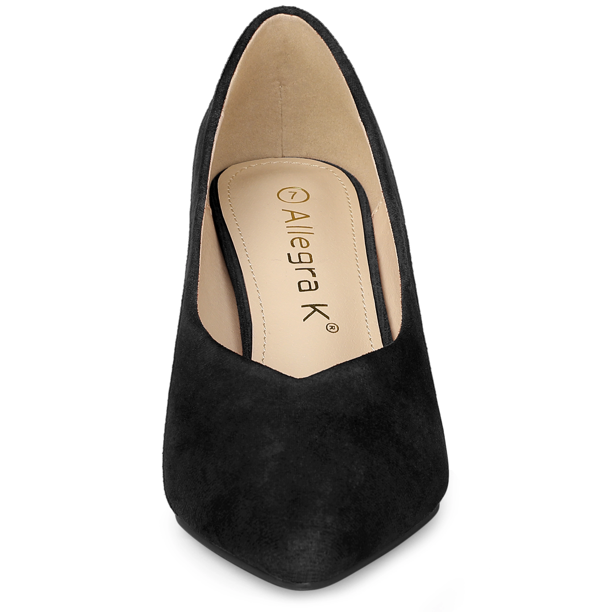 BLISSFUL STEP Women Faux Suede Pointy Toe Slip-on Low Chunky Heels Pumps
