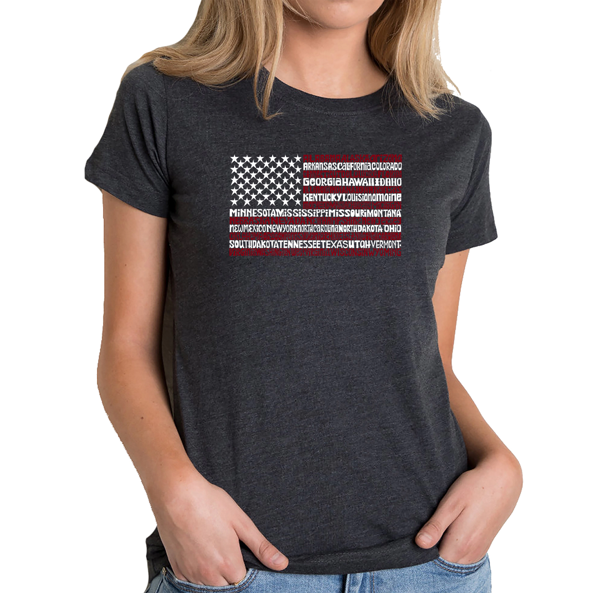 LA Pop Art Women's Cotton/Poly Blend Word TShirt - 50 States USA Flag