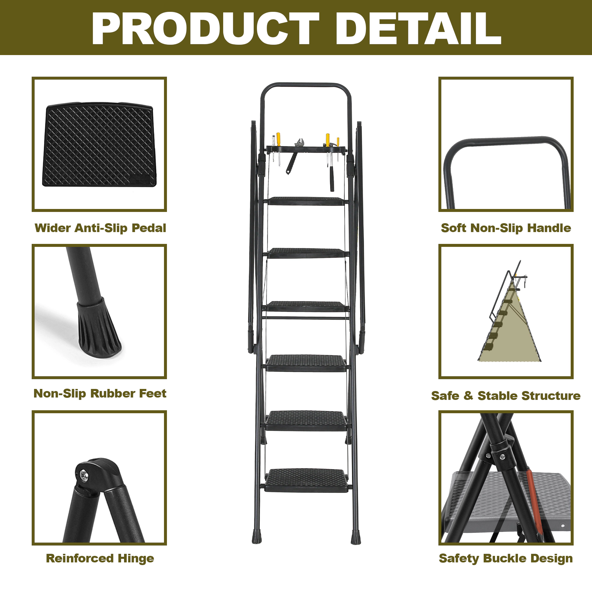 Flynama 6 Step Ladder- 330lb Capacity Steel Foldable Step Stool With Tool Tray (Black)