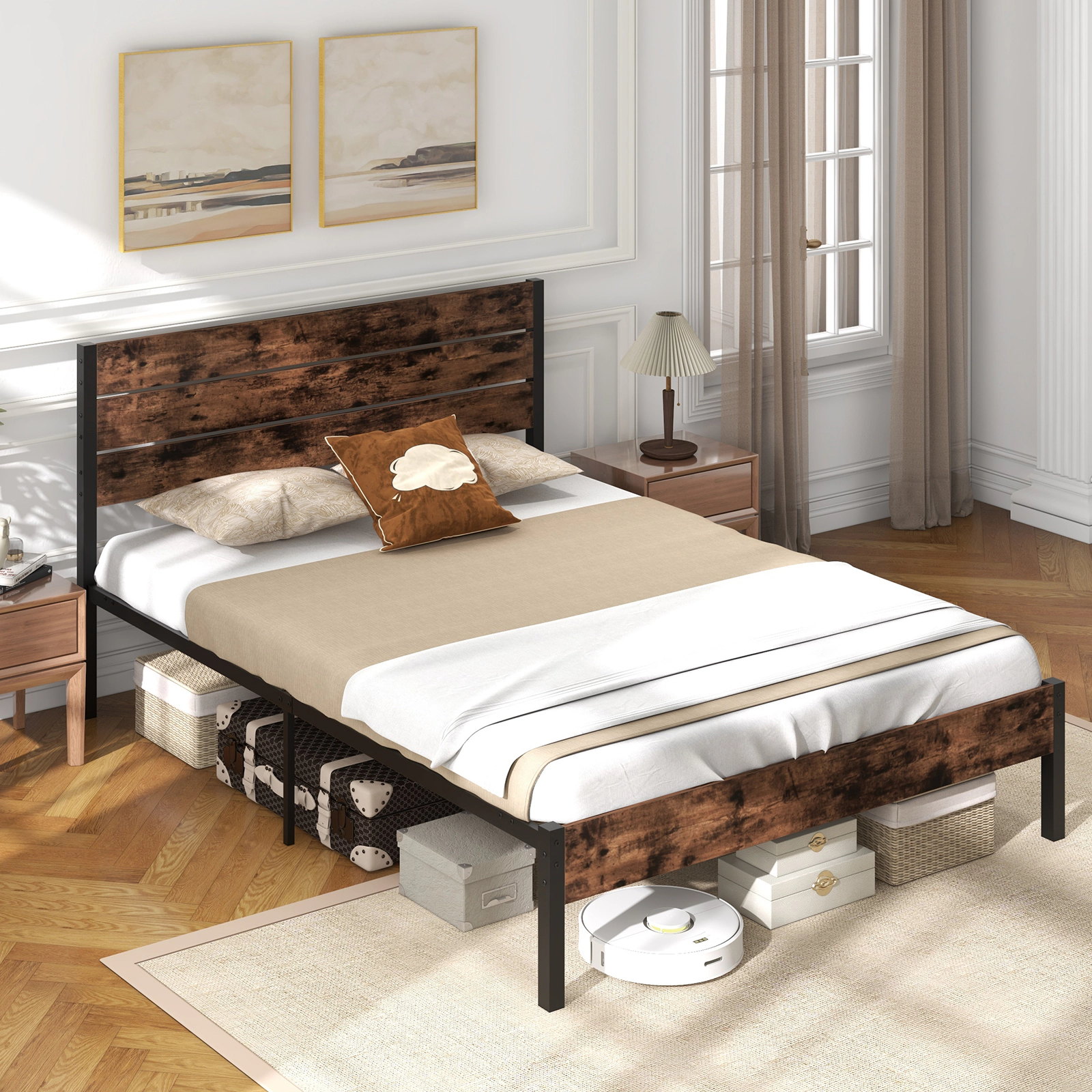 SUGIFT Queen Size 1100-lb Bed Capacity Metal Platform Bed Frame with Slatted Headboard and Mute Bar Rustic Brown
