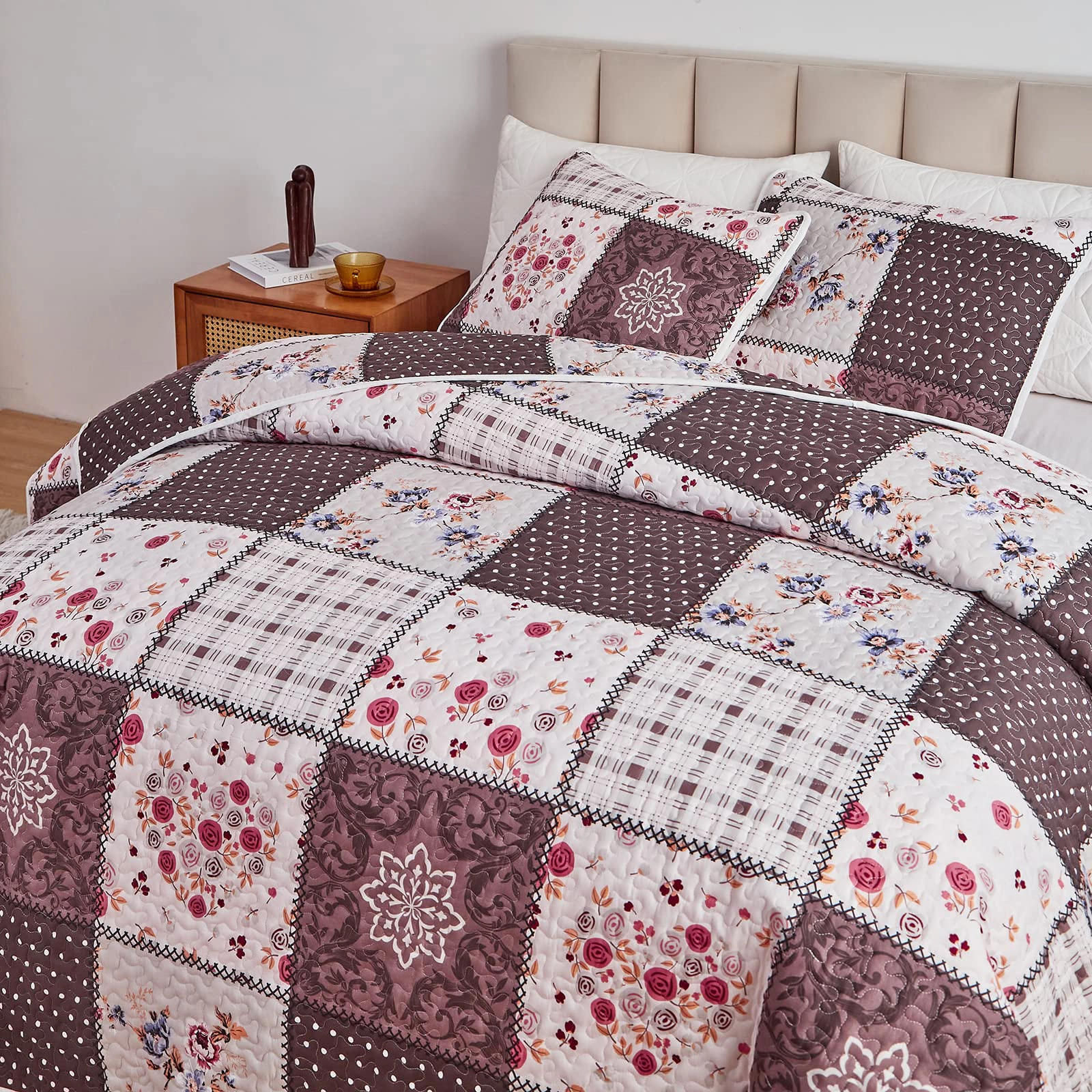 Patchwork Quilt Set California King  3 Pieces Green Flplaid Summer Bedspread Coverlet Softfiber Lightweight Be