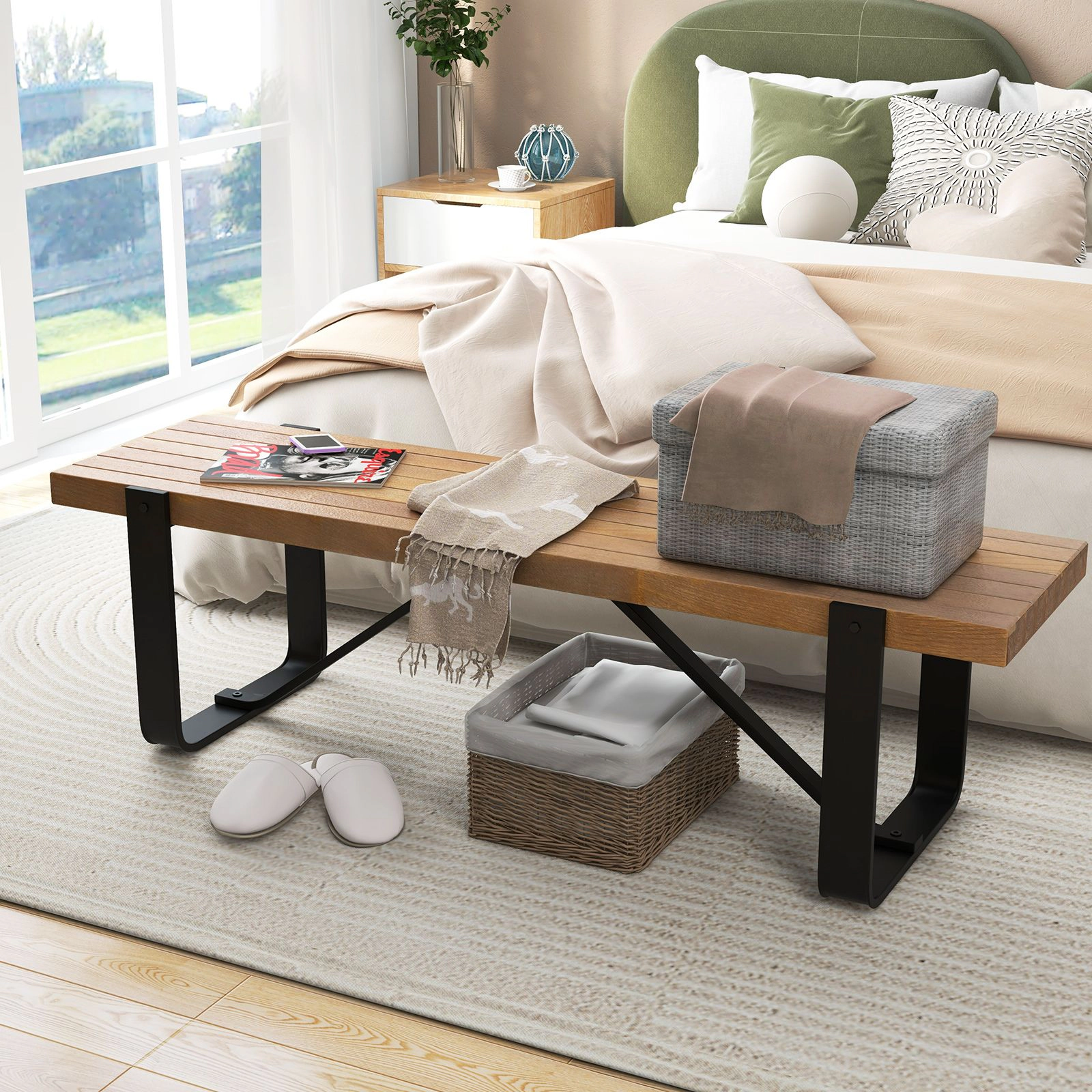 SlickBlue Unisex Rustic Farmhouse Entryway Bench with Metal Frame