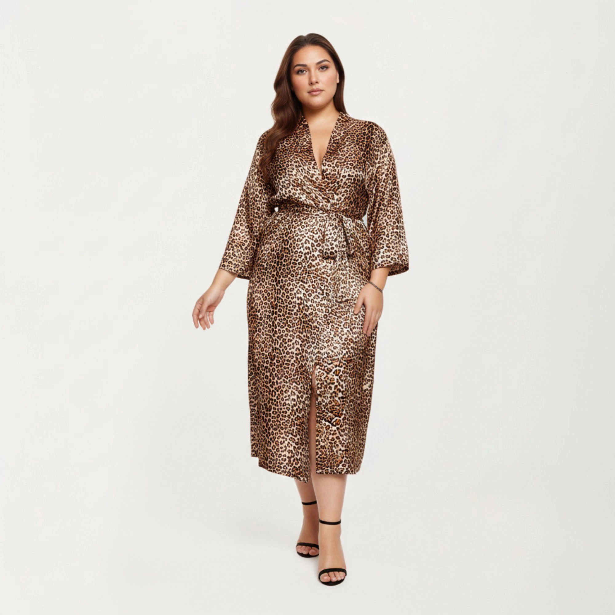 Anna-Kaci Women's Leopard Print Satin Robe Soft Silky Sheen Adjustable Wrap Tie Waist and Flowing Longline Silhouette