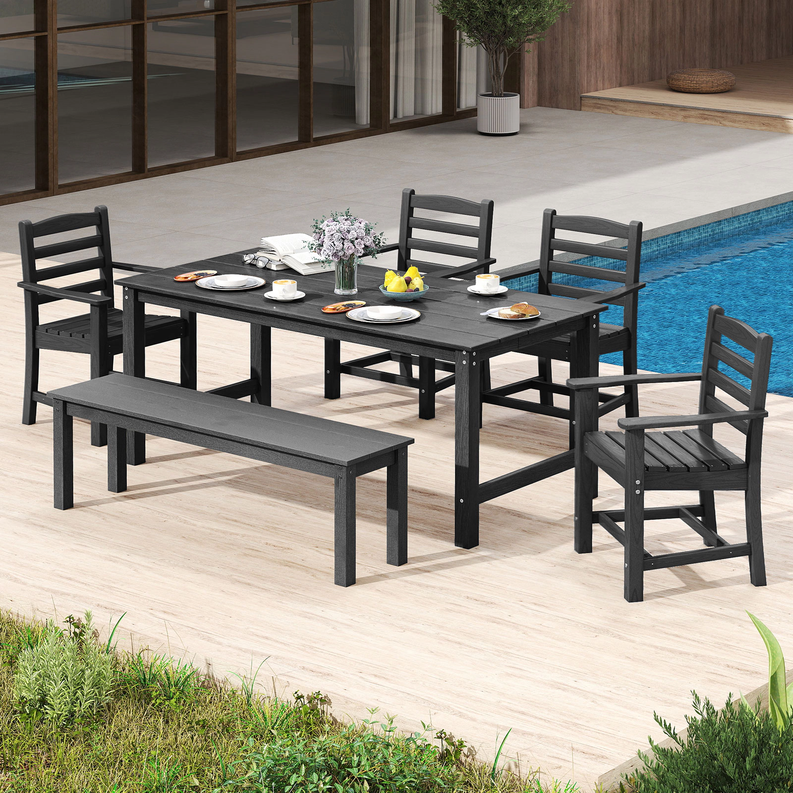 LJG HDPE All Weather Patio Dining Chairs Set of 2 with Wide Armrests