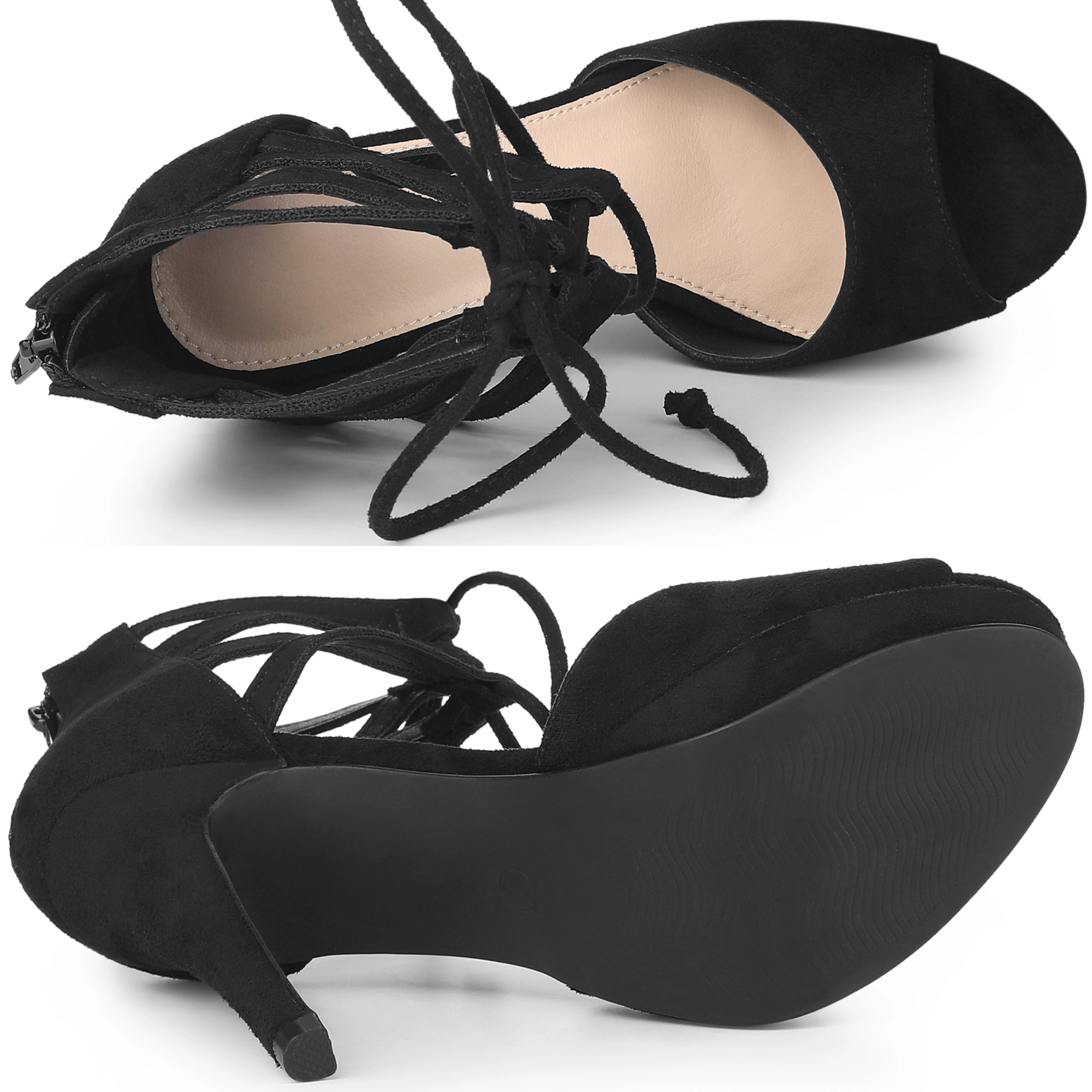 BLISSFUL STEP Women's Faux Suede Lace Up Strappy Platform Stiletto Heel Sandals