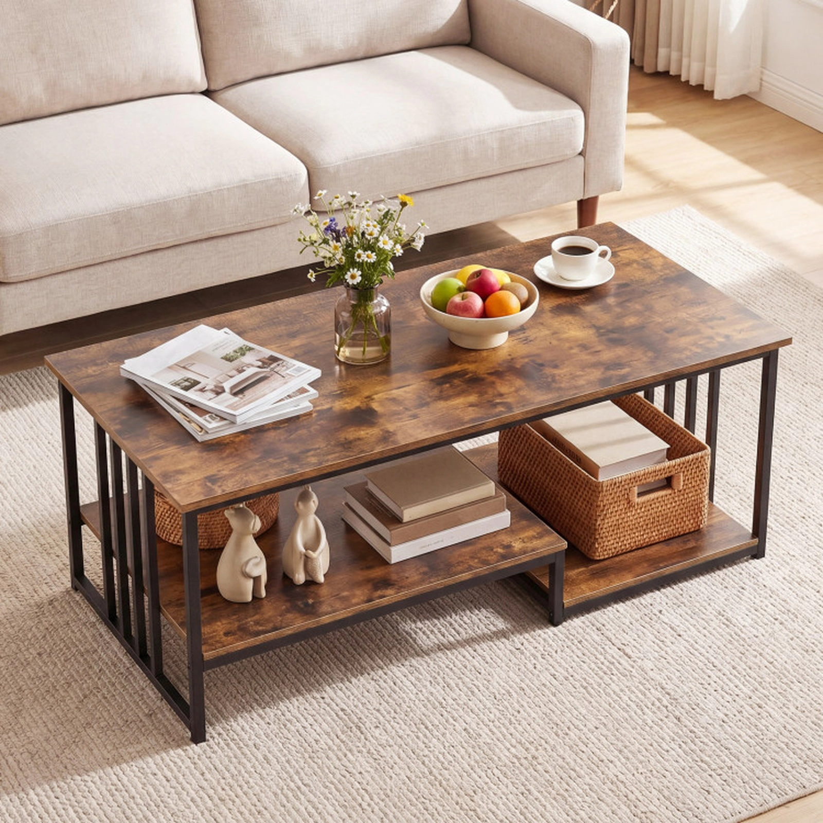 SUGIFT 2-Tier Slatted Metal Frame Open Shelf Coffee Table 43.5-in x 23.5-in x 18-in 110-lb Capacity Rustic Brown
