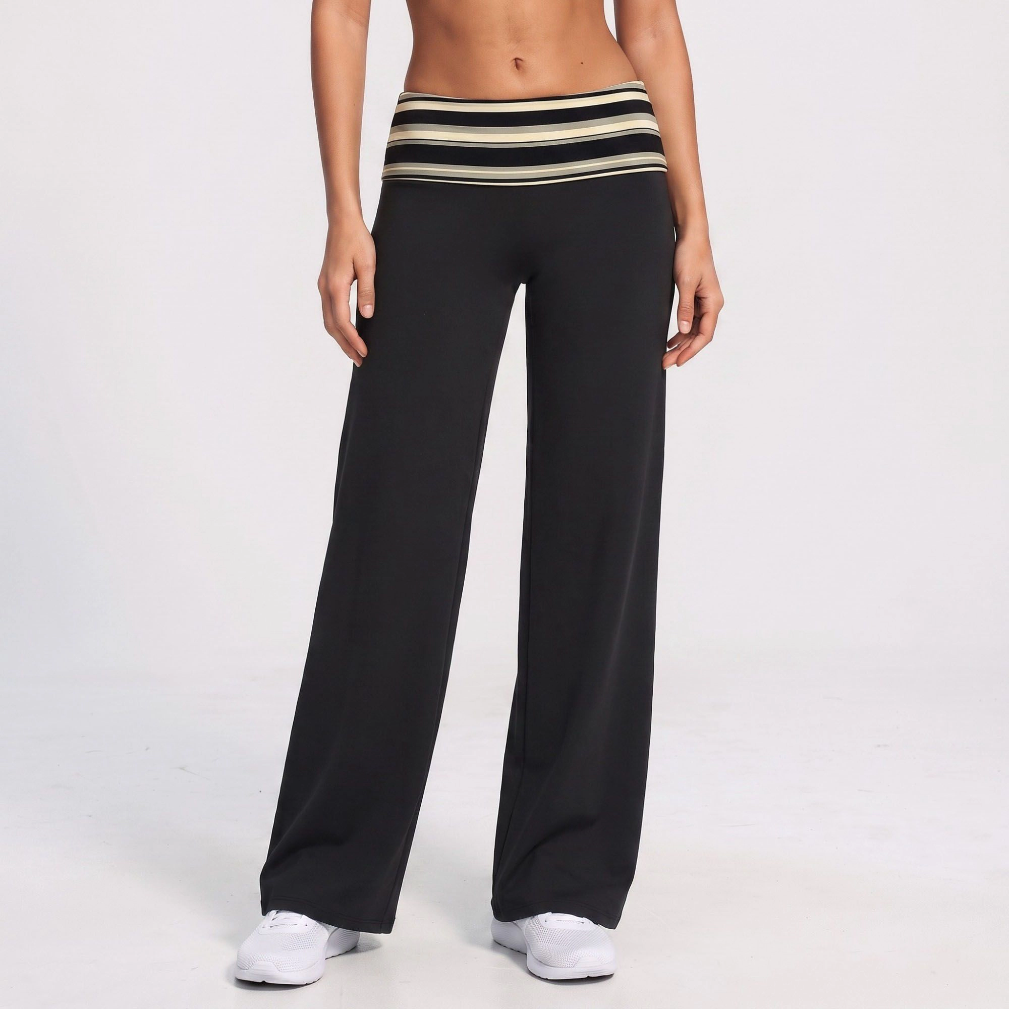 Anna-Kaci Women's Striped Foldover Waist Wide-Leg Yoga Pants Full-Length Flowy Workout Trousers