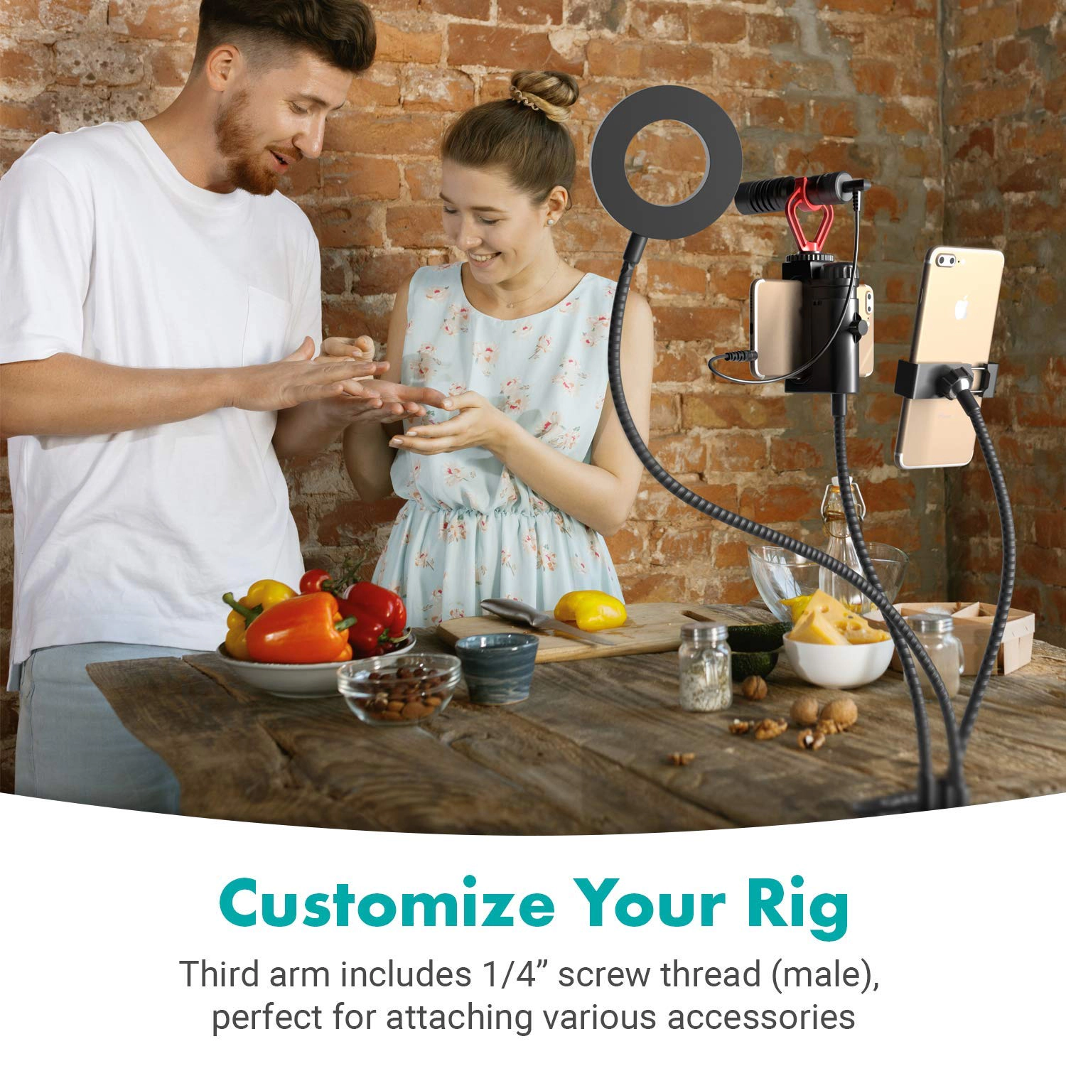 Movo VGC-3 Selfie Ring Light Stand with Cell Phone Holder and Third Flexible Arm with a 1/4" Mount for Microphones