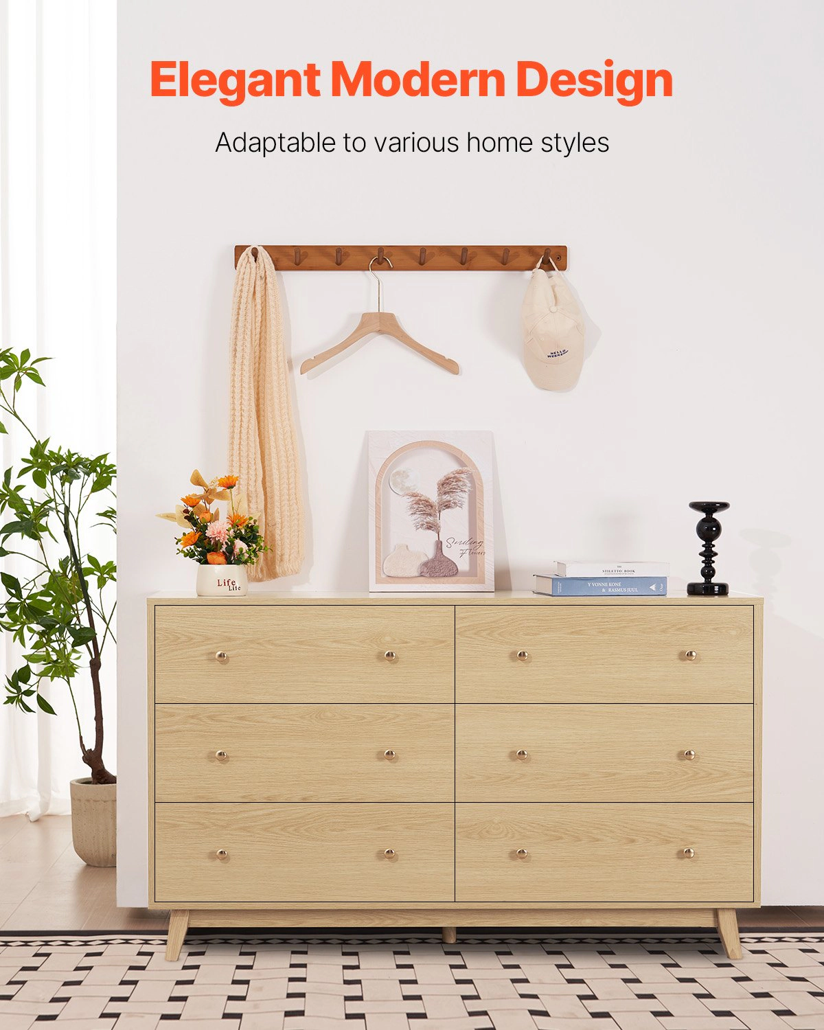 HONGGE 6 Drawer Dresser for Bedroom Wooden Chest of Drawers with Anti-Tip Hardware and Metal Rails, Light Wood