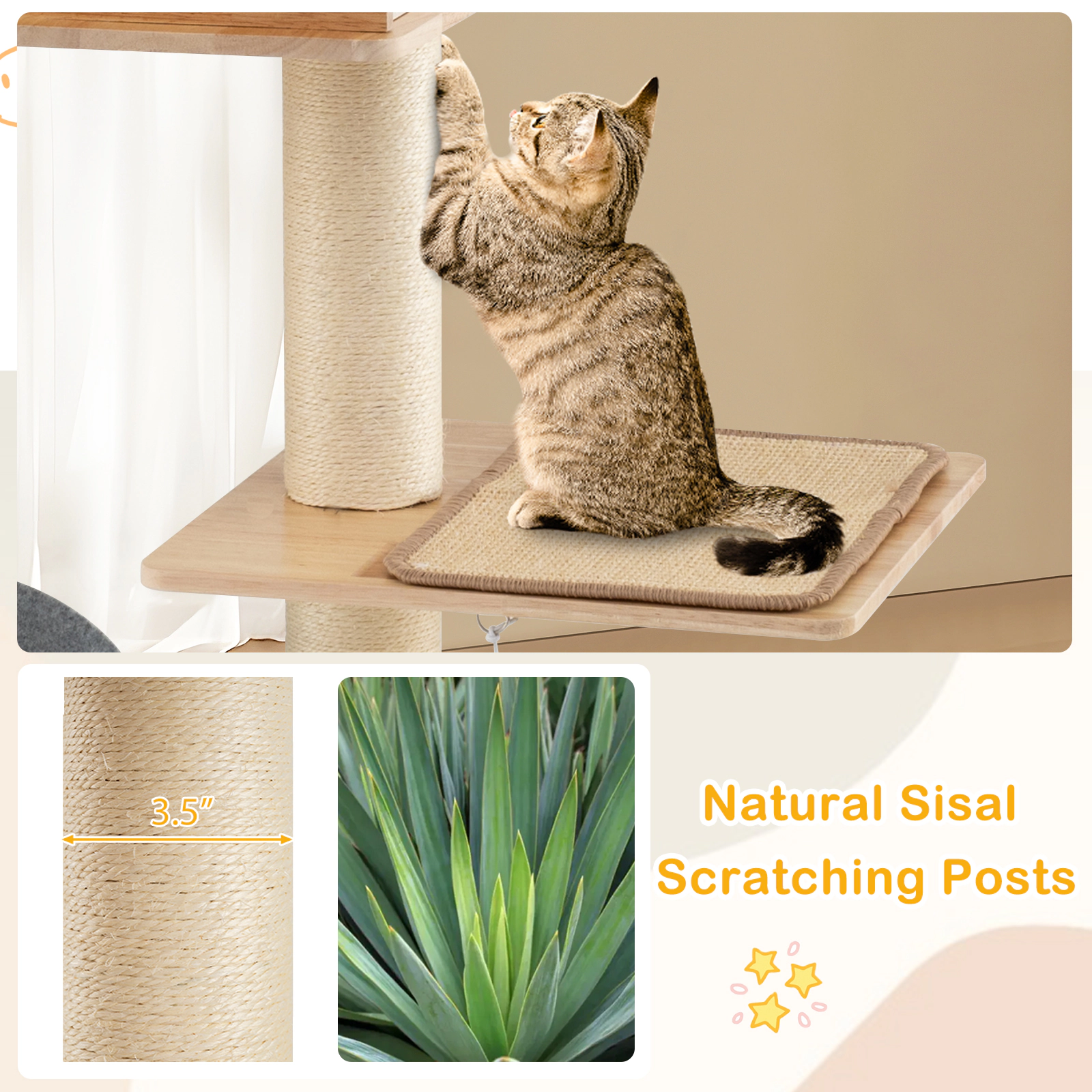 Glintex 56-Inch Cat Tower with 4-Sided Ventilated Condo and Detachable Sisal Carpets, Natural