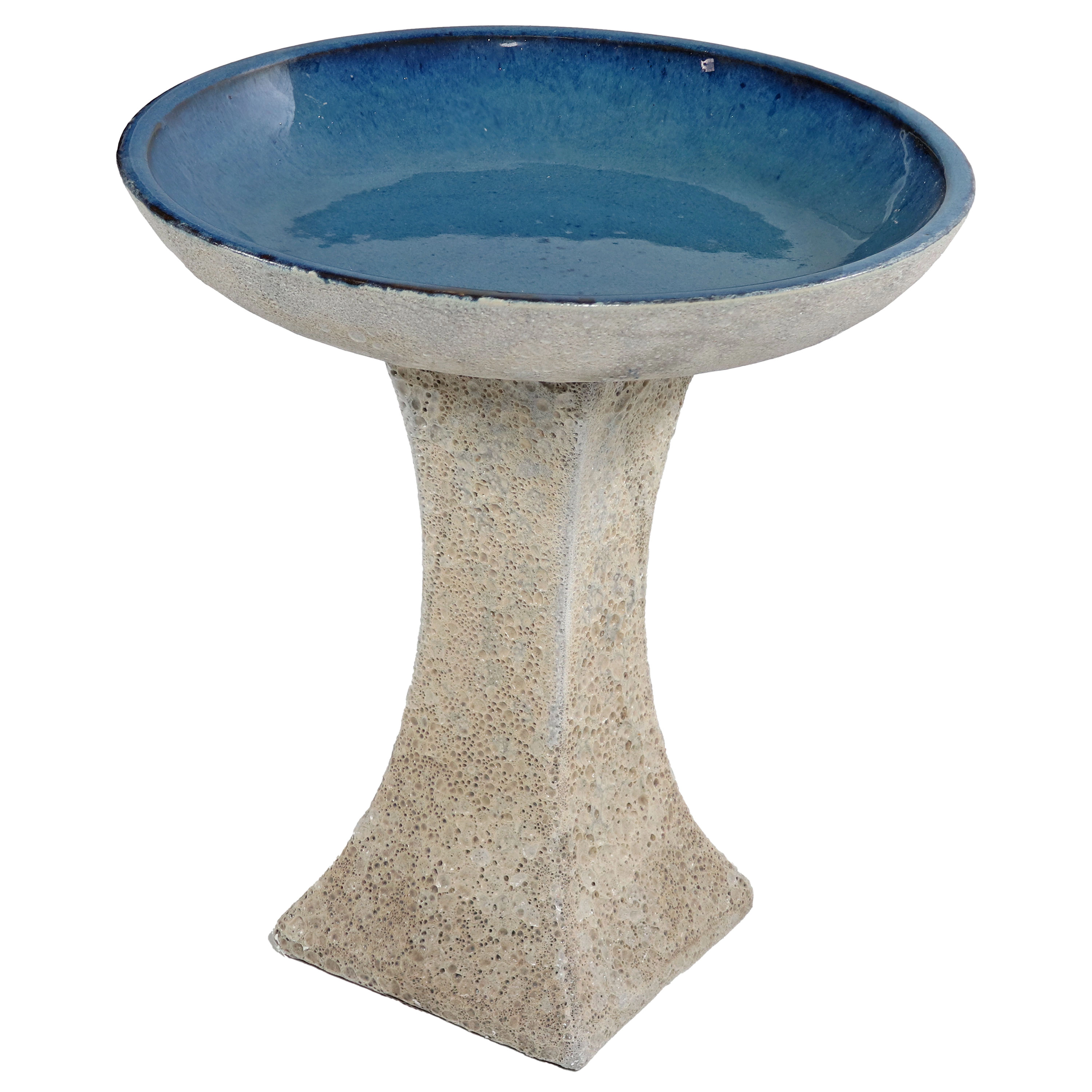 Sunnydaze Ceramic Bird Bath Bowl,16” H, Blue Glaze Basin, White Lava Finish