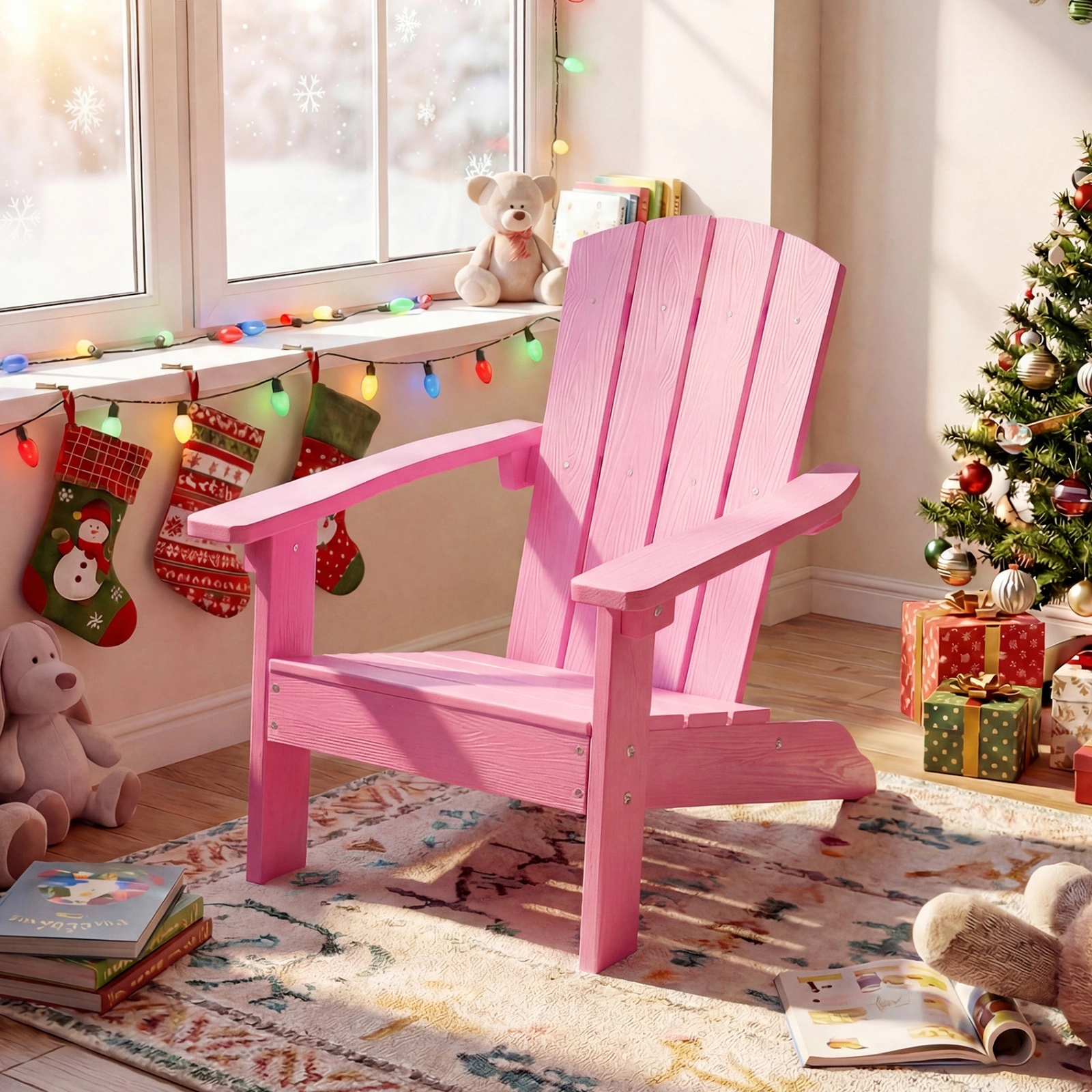 Kids Adirondack Chairs Set of 2 All-Weather Plastic Patio Chairs with 105-Degree Slatted Backrest 304 Stainless Pink
