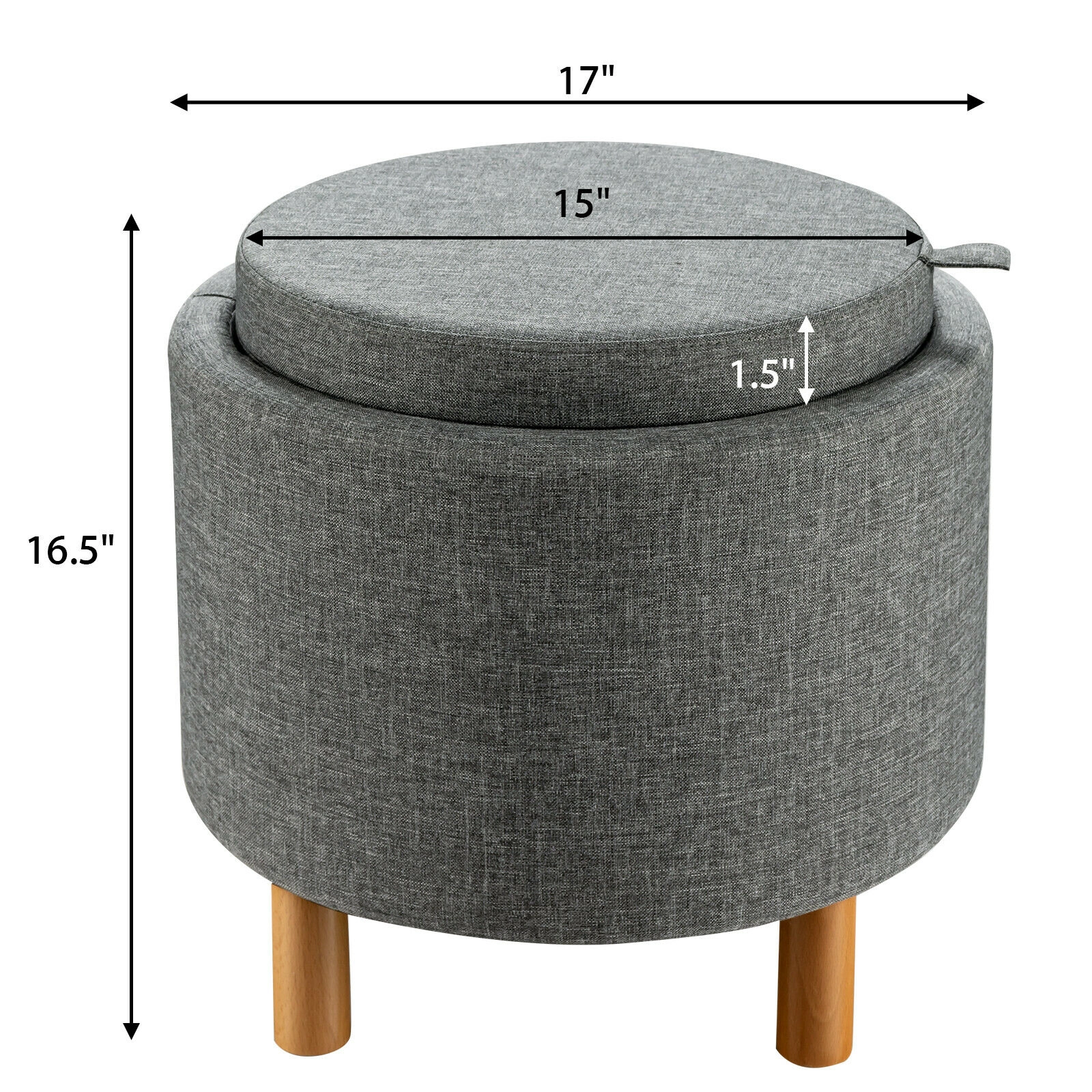 LJG Round Fabric Storage Ottoman with Tray and Non-Slip Pads for Bedroom