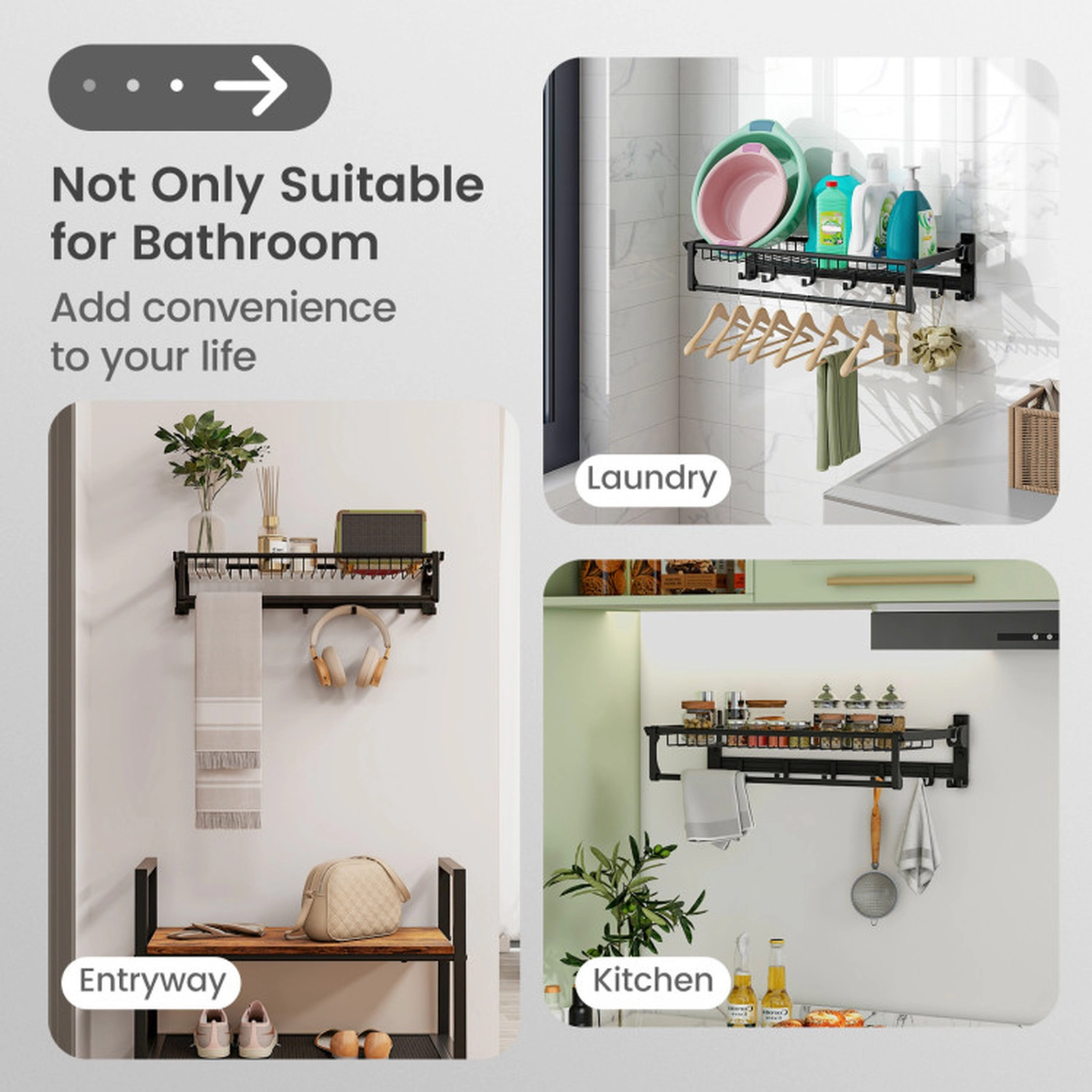 SUGIFT Wall Mounted Space Aluminum Foldable Towel Shelf Adjustable Towel Bar 4 Fixed 5 Movable Hooks 23.5-in Wide Black