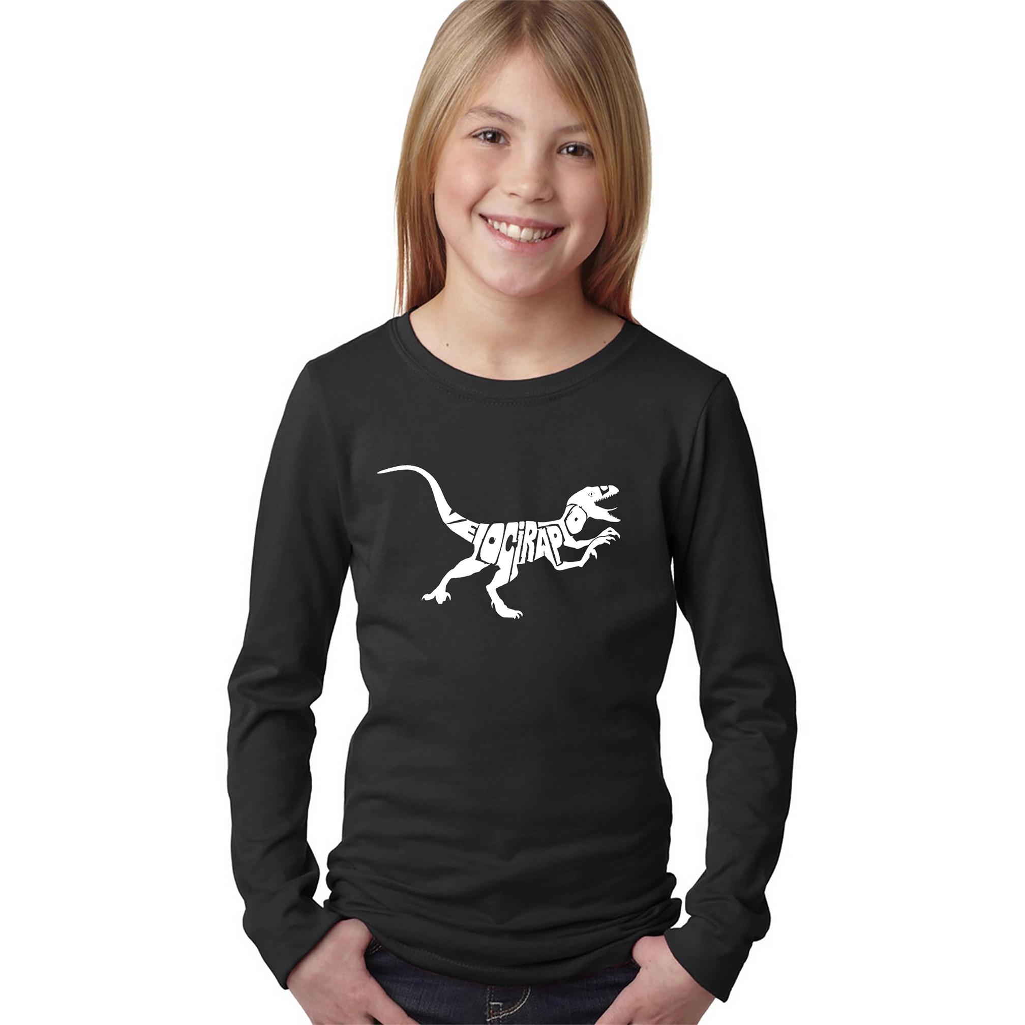 LA Pop Art Girls Long Sleeve Word T-Shirt - Velociraptor