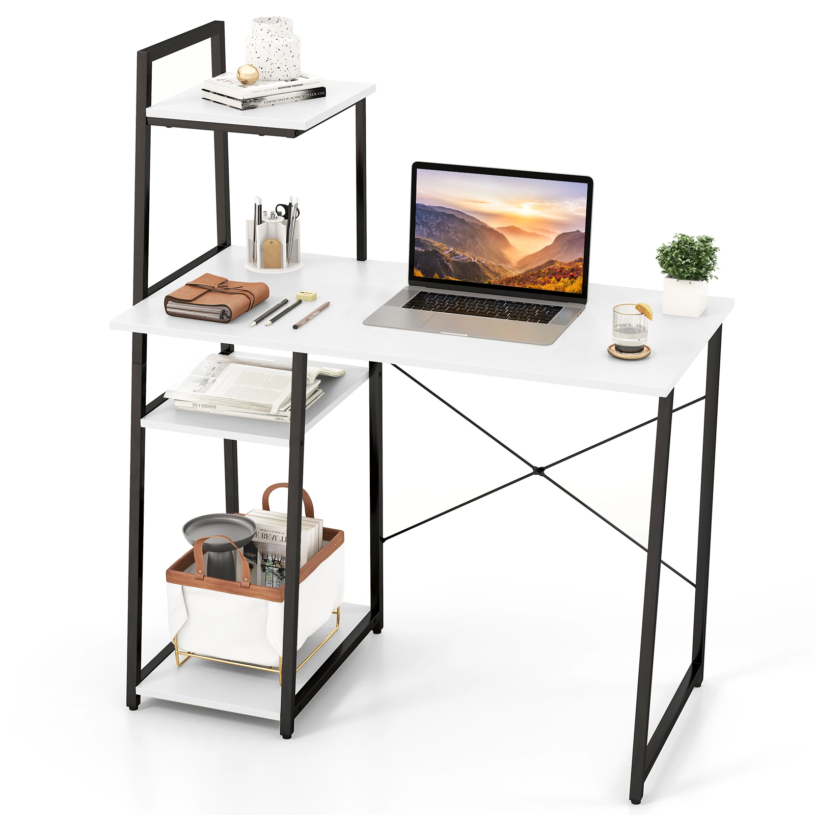 SUGIFT Compact Computer Desk Workstation with 4-Tier Shelves 155-lb Desktop Capacity White & Black