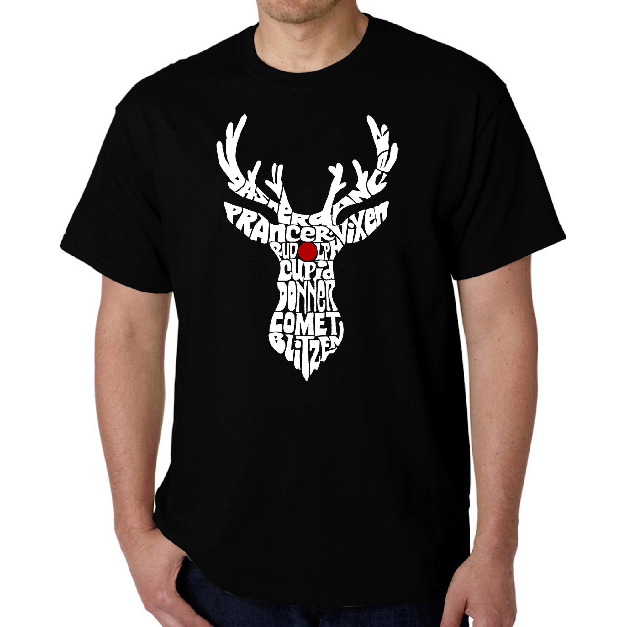 LA Pop Art Men's Word T-Shirt - Santa's Reindeer Names Short Sleeve Crew Neck