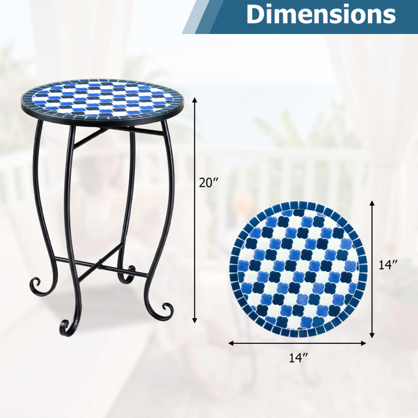 SUGIFT 14-Inch Round Mosaic Outdoor Side Table, Metal Plant Stand with X Base