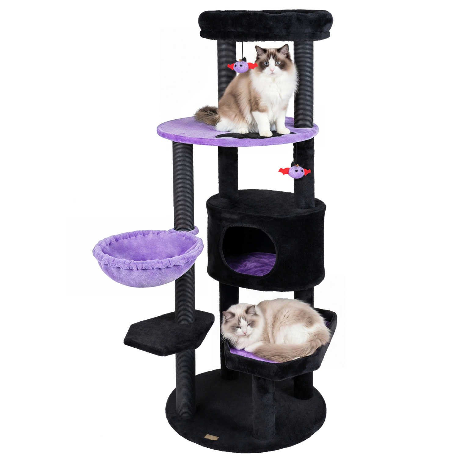 LJG 60" Gothic Cat Tower with Plush Perch and Spider Hanging Toys for Black Halloween