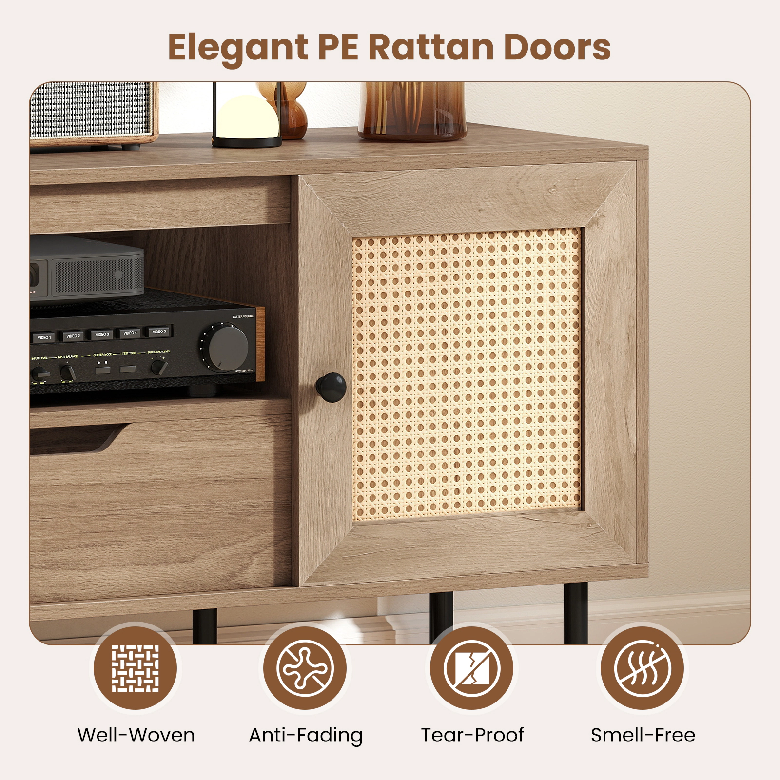 Glintex 52-Inch Boho TV Stand with PE Rattan Doors and Pull-Out Drawer, Natural