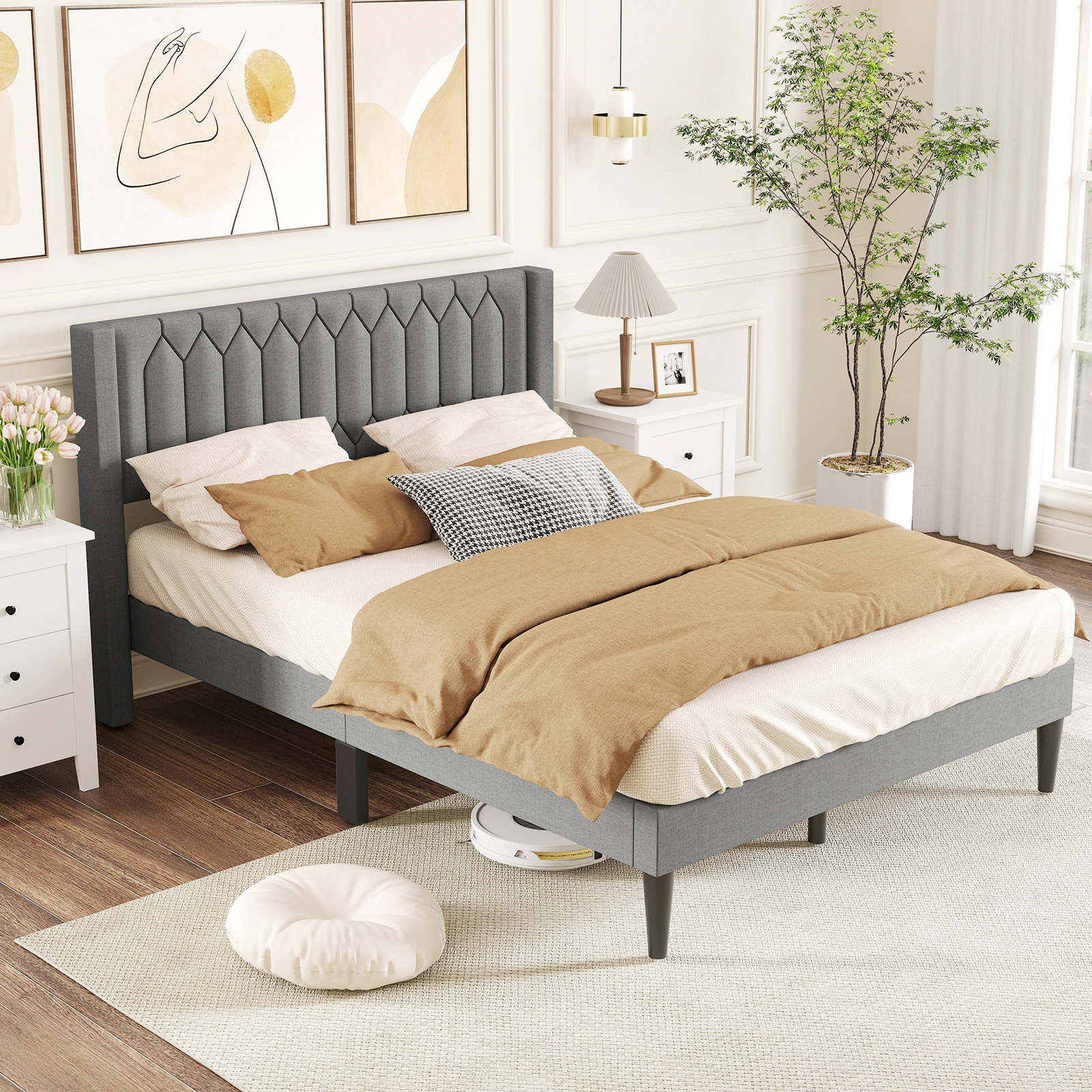 SUGIFT Queen Upholstered Platform Bed Frame with Gray Wingback Headboard