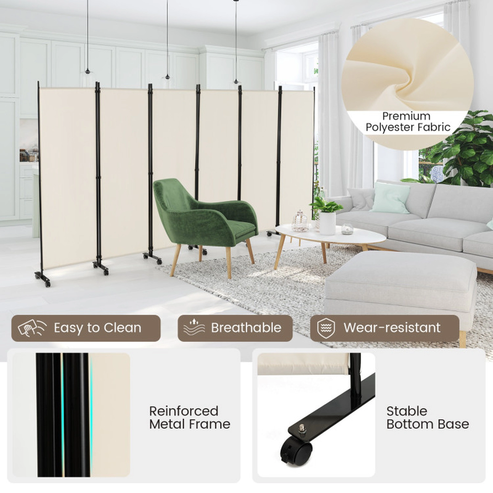 SUGIFT White 6-Panel 132-in Wide 68-in Tall Rolling Folding Room Divider Privacy Screen with 14 Wheels