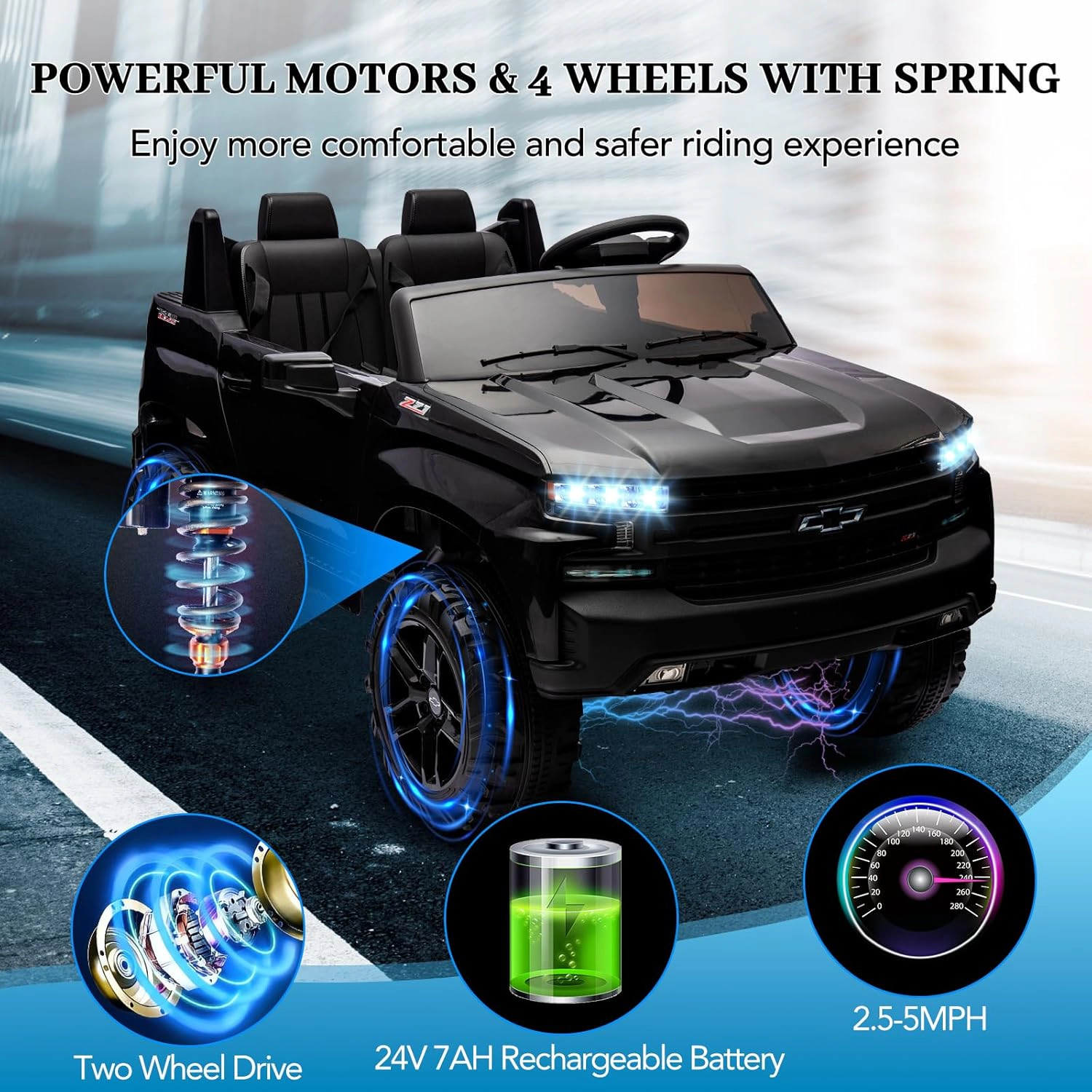 24V Licensed Chevrolet Silverado 2-Seater Kids Ride On Truck, Electric Car w/Remote, 90W Motors, LED Lights, Suspension