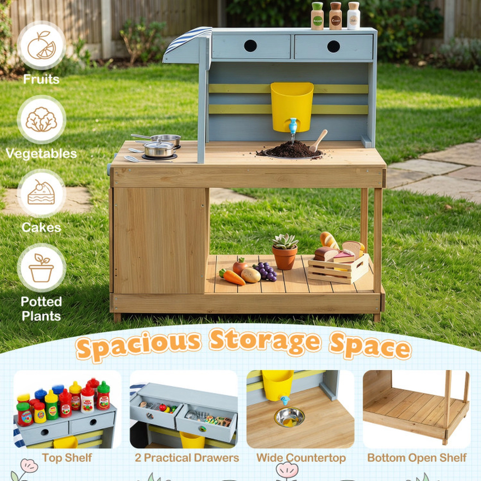 SUGIFT Fir Wood Kids Kitchen Playset with Canopy and Faucet 35-in Tall Mud Kitchen Ages 3+ Natural & Blue 8-Piece Set