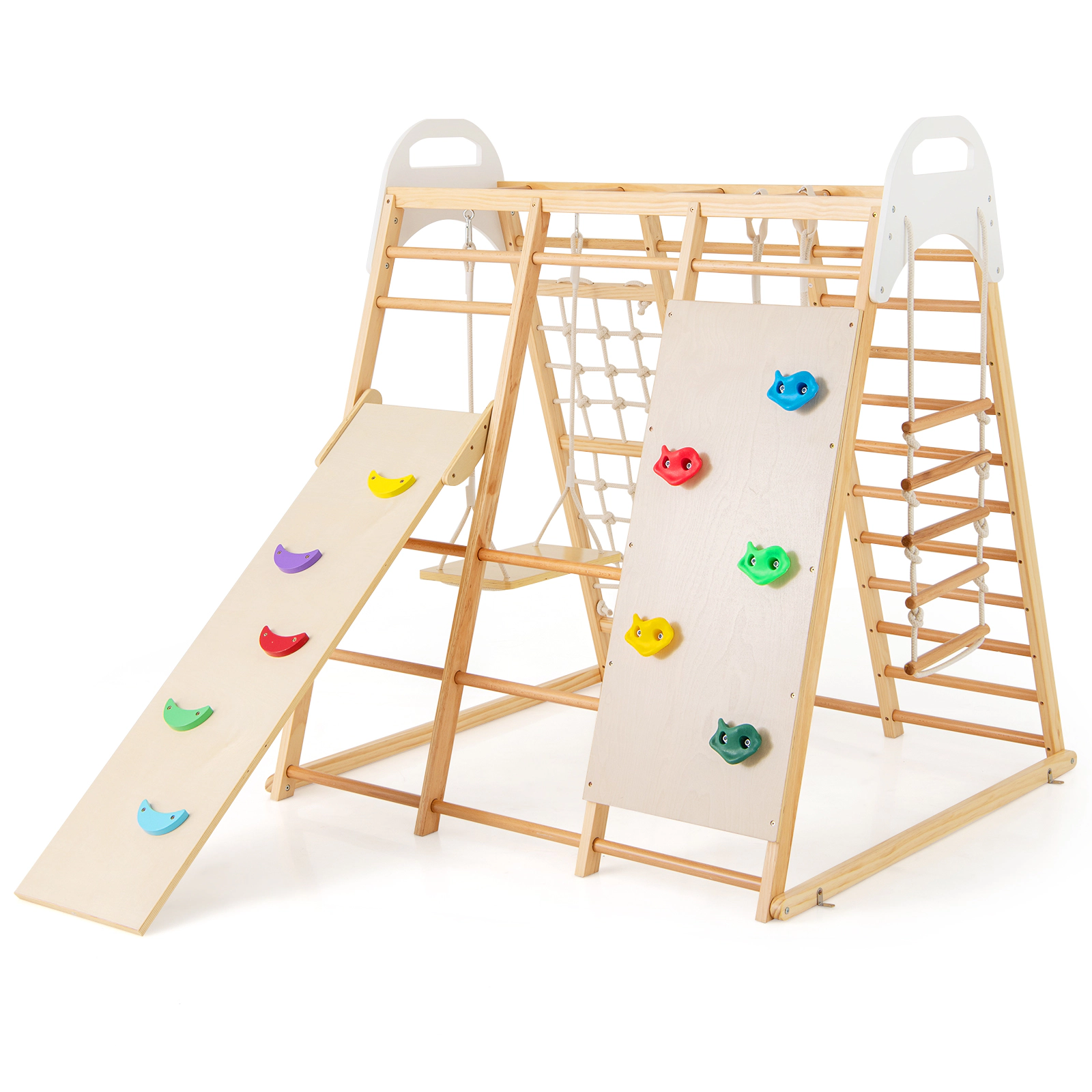 SUGIFT 8-in-1 Wooden Jungle Gym Climber Playset Slide & Monkey Bars 530-lb Capacity Ages 1 Years+ Multicolor/Natural