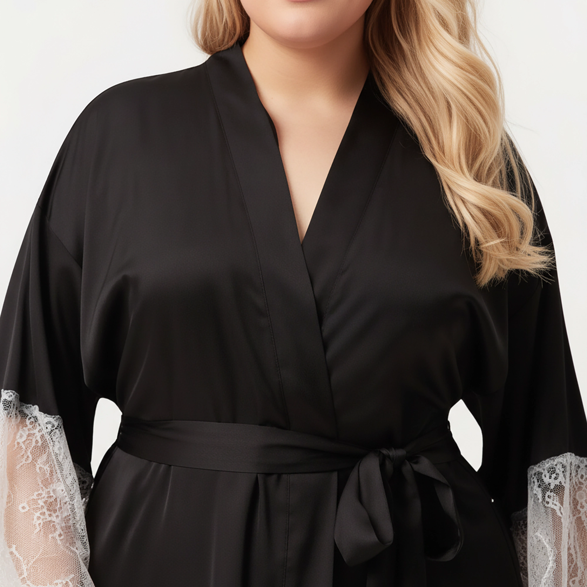 Anna-Kaci Women's Plus Long Robe with Sheer Lace Hem and Sleeve Detailing Soft Flowing Fabric