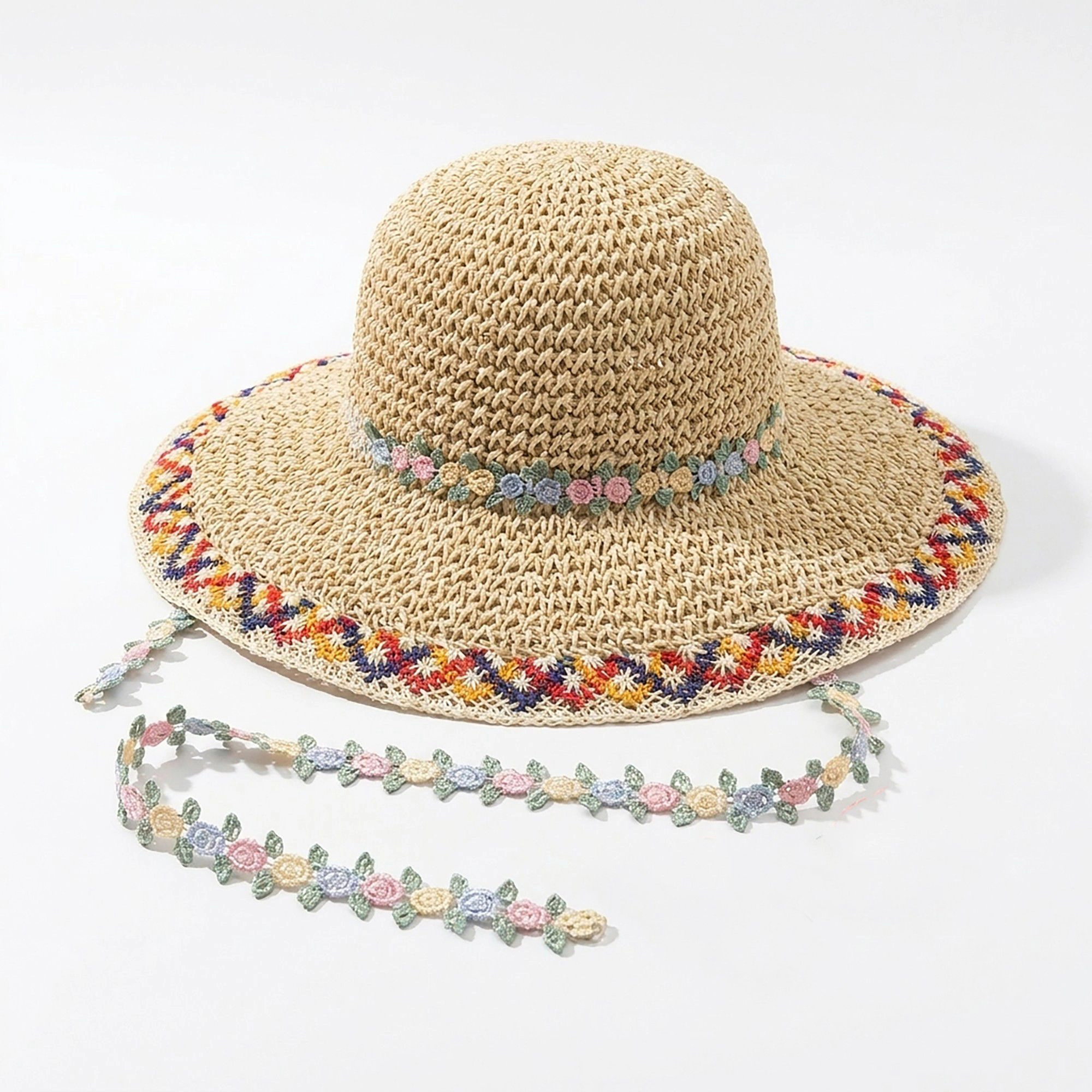 Anna-Kaci Women's Crochet Wide Brim Sun Hat with Floral Trim Wavy Edge and Decorative Chin Strap
