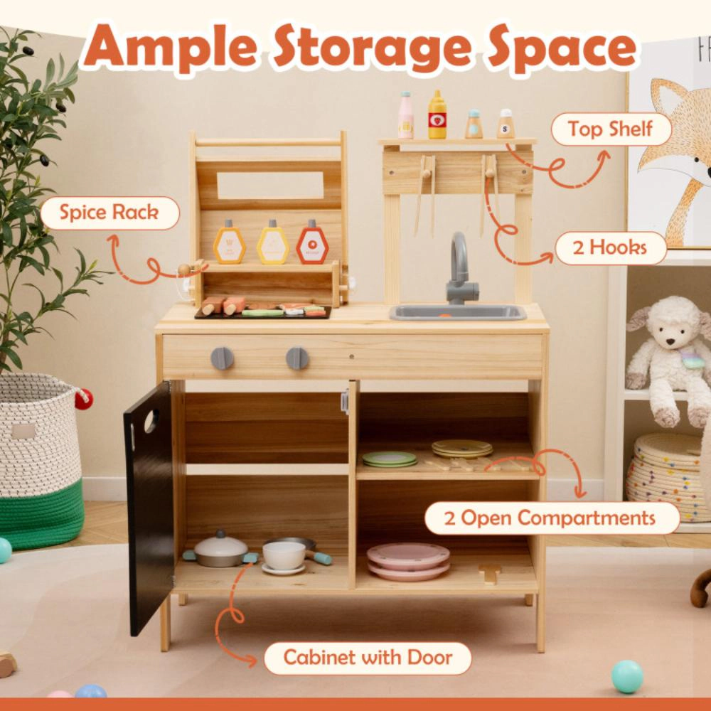 Hivvago Wooden Barbecue Grill Playset With Chalkboard And Sink And Cabinet-Natural