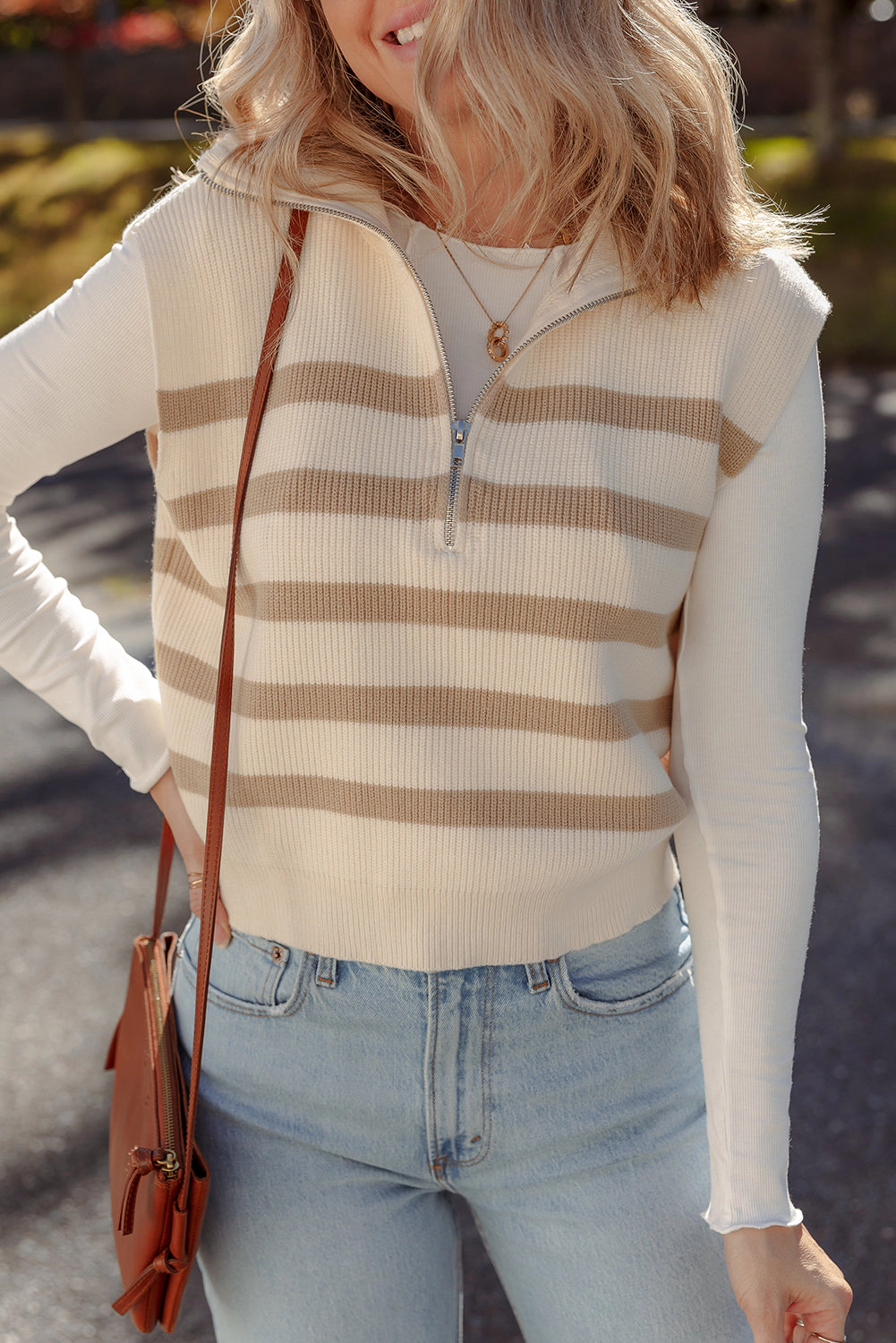 Threaded Pear Women's Everly Stripe Ribbed Half Zip Collared Sweater Vest