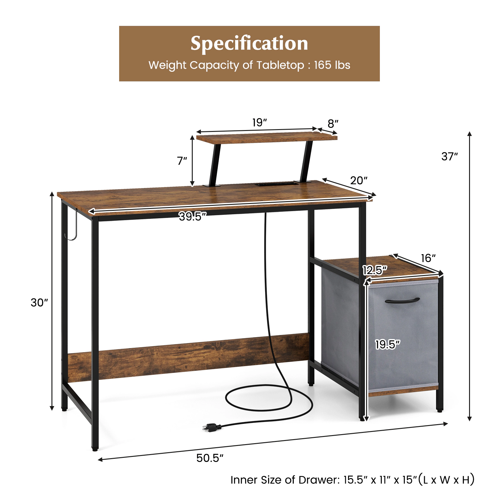 SlickBlue Computer Desk with Charging Station and Storage