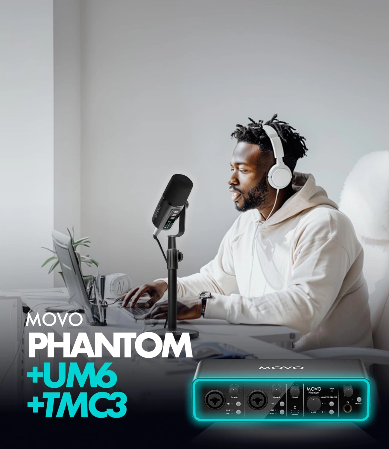 Movo Music/Audio Interface Bundle - Phantom USB Audio Interface, UM6 XLR/USB-C Dynamic Microphone, and Tabletop St