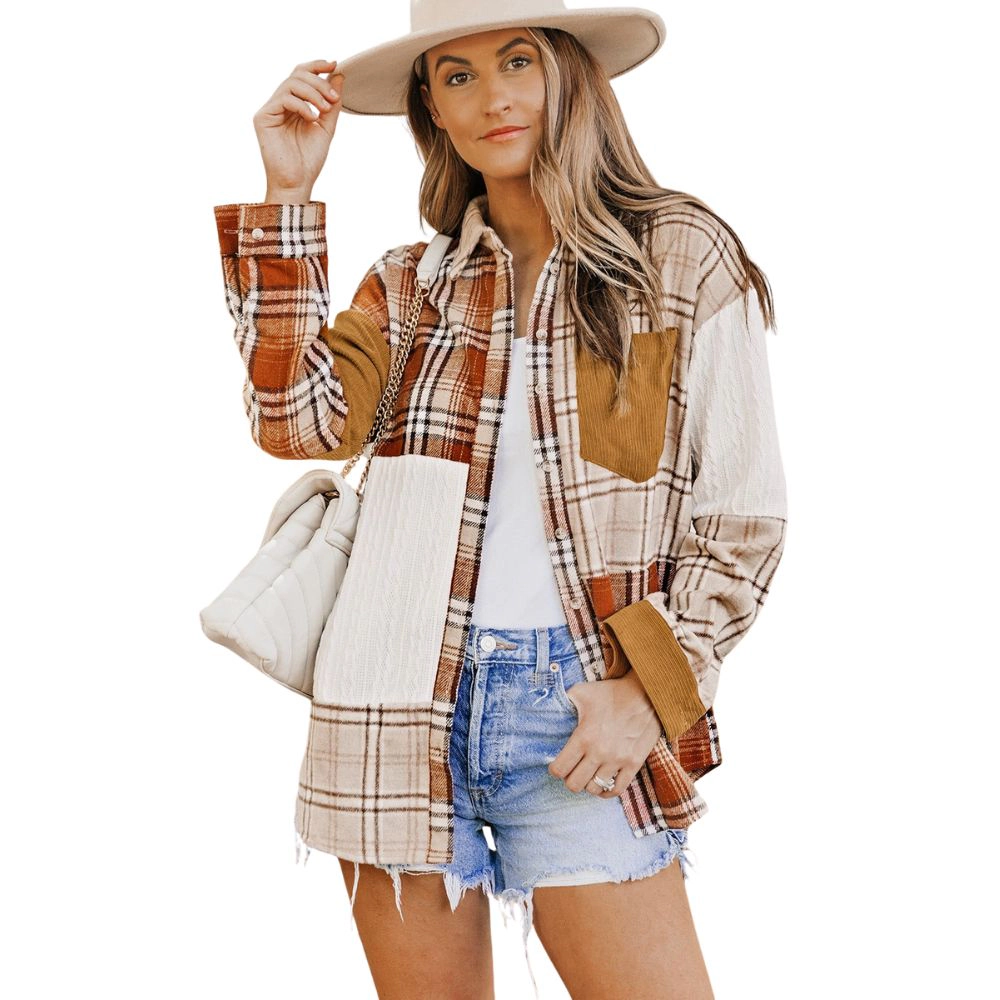 Sol Living Womens Orange Plaid Color Block Patchwork Shirt Jacket with Pocket