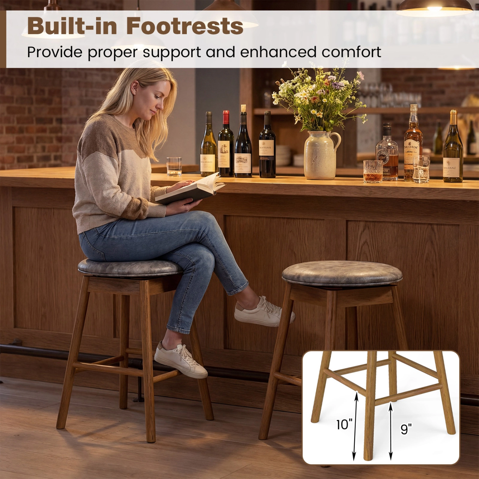 SUGIFT 360° Swivel Counter Height Bar Stools with Footrests 290-Lb Capacity 25-in Seat Height Natural and Gray Set of 2