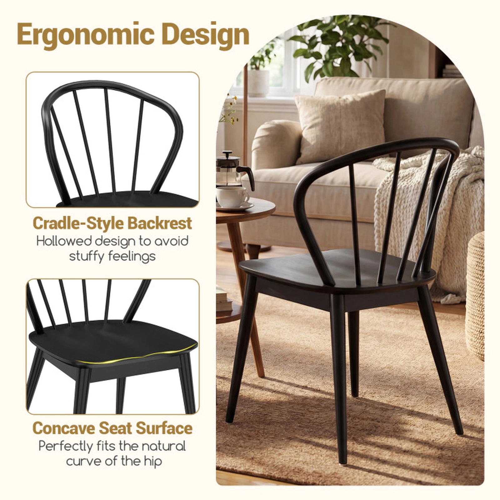 SUGIFT Set of 4 Black Windsor Dining Chairs with Spindle Backrest and Splayed Legs 22-in W 33-in H 286-lb Per Chair