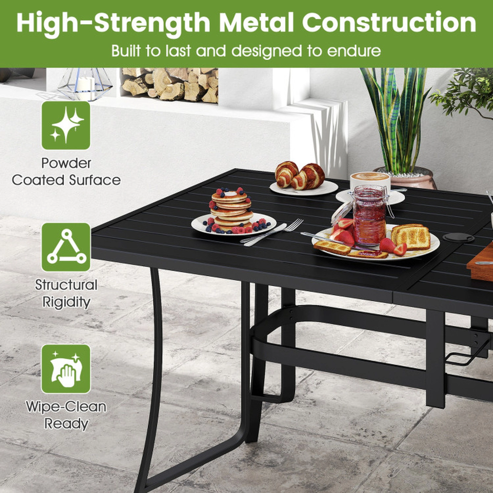 SUGIFT 6-Person Metal Slat Top Umbrella Hole Rectangle Patio Dining Table 63-in x 33-in x 29-in 330-lb Capacity Black
