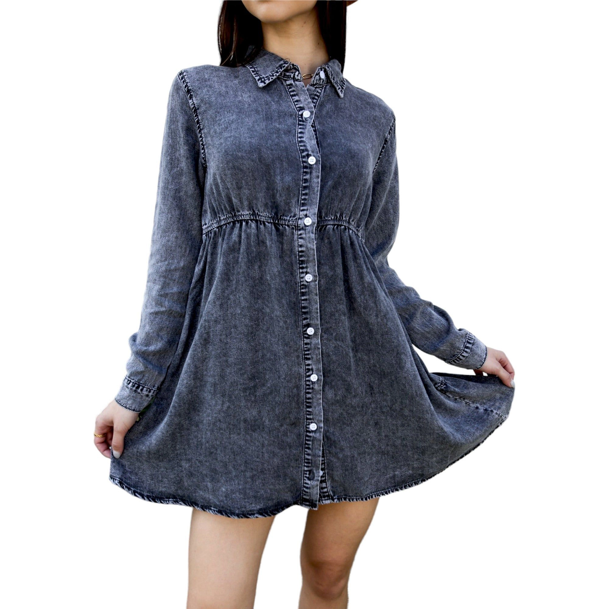Anna-Kaci Women's Button Front Tiered Denim Shirt Dress