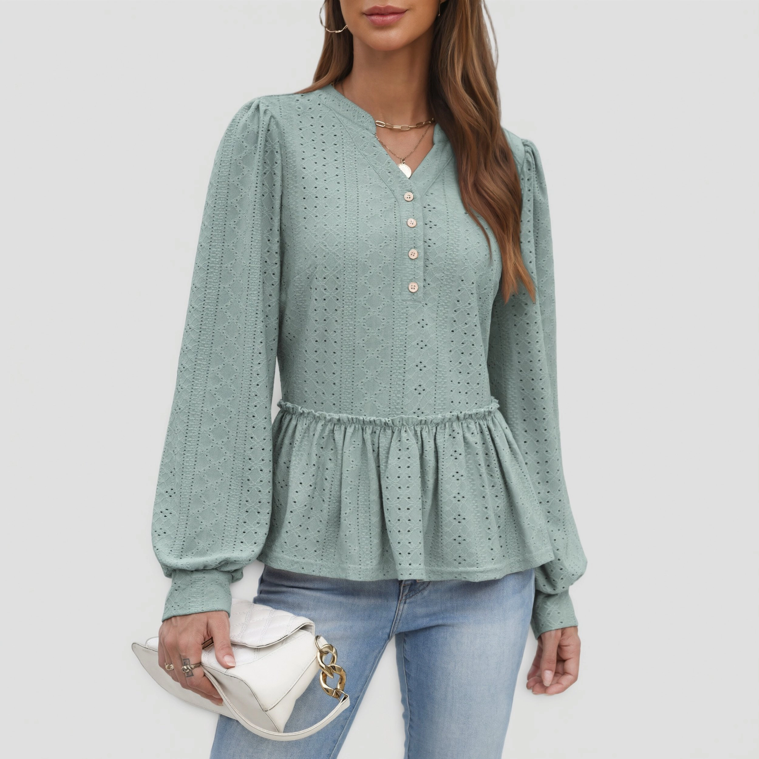 Zeagoo Women's Eyelet Knit Peplum Henley Half Button Puff Long Sleeve Pullover