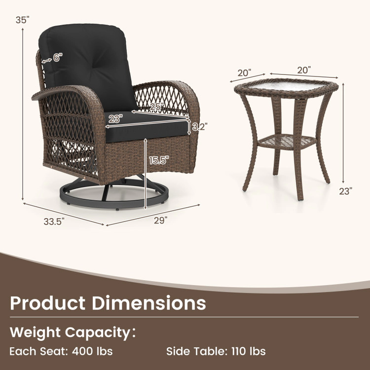 Hivvago 3 Piece Patio Swivel Rocker Set With Tempered Glass Side Table And Thick Cushions