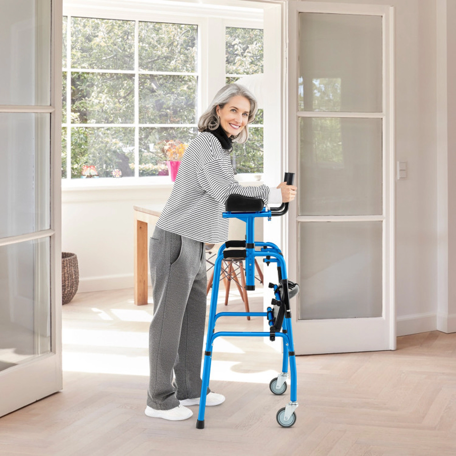 SUGIFT Versatile Rolling Walker with Flip-Up Seat and Adjustable Armrests 450-lb Capacity Silver Navy