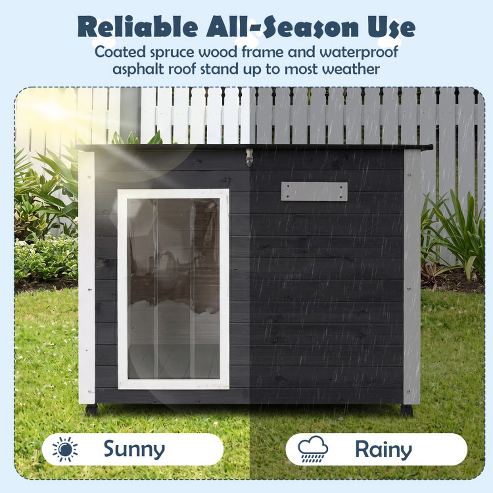 SUGIFT Gray Wooden Outdoor Dog House with Spruce Frame Removable Floor Asphalt Roof and PVC Curtain