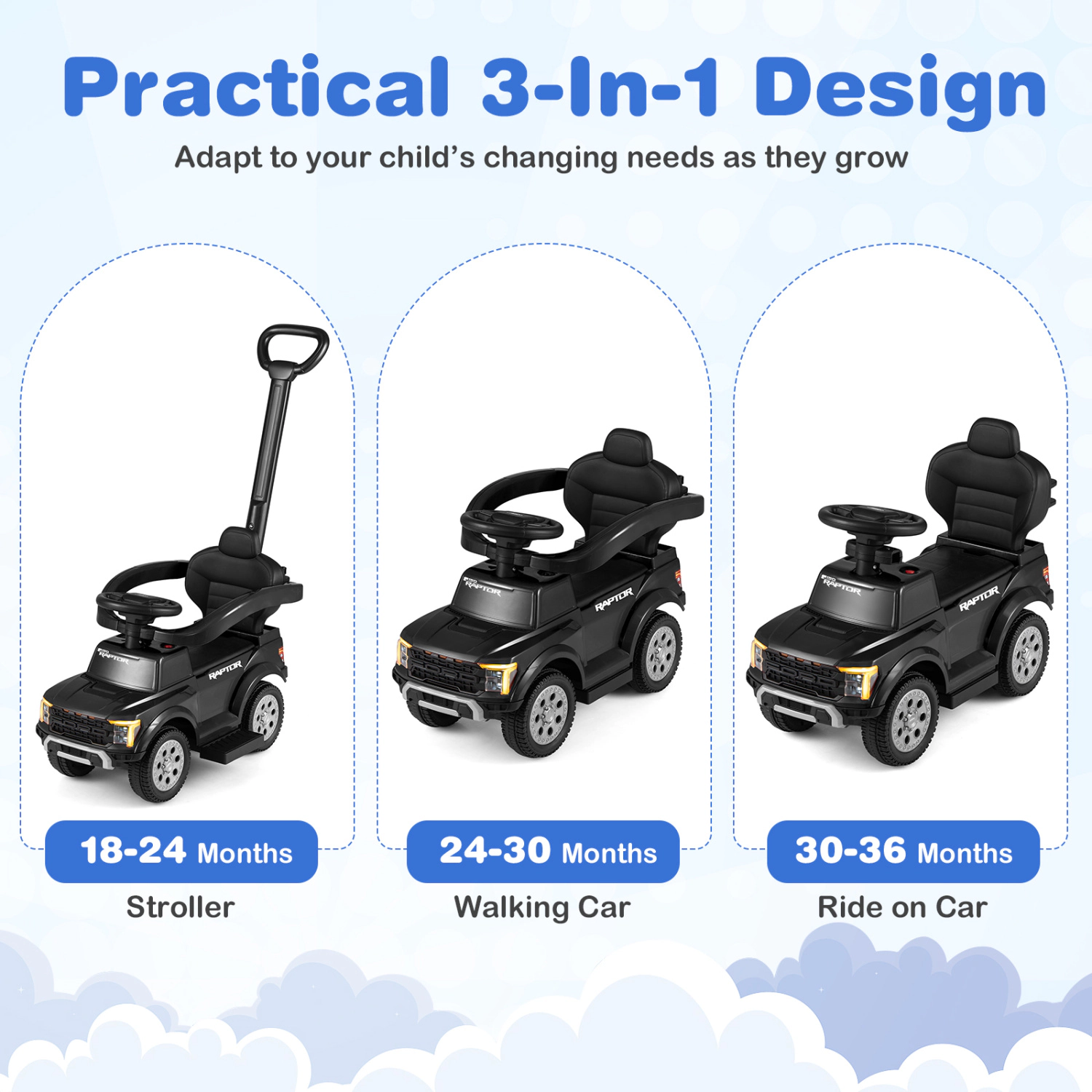 LJG 3-In-1 Licensed Ford Push Car for Toddlers