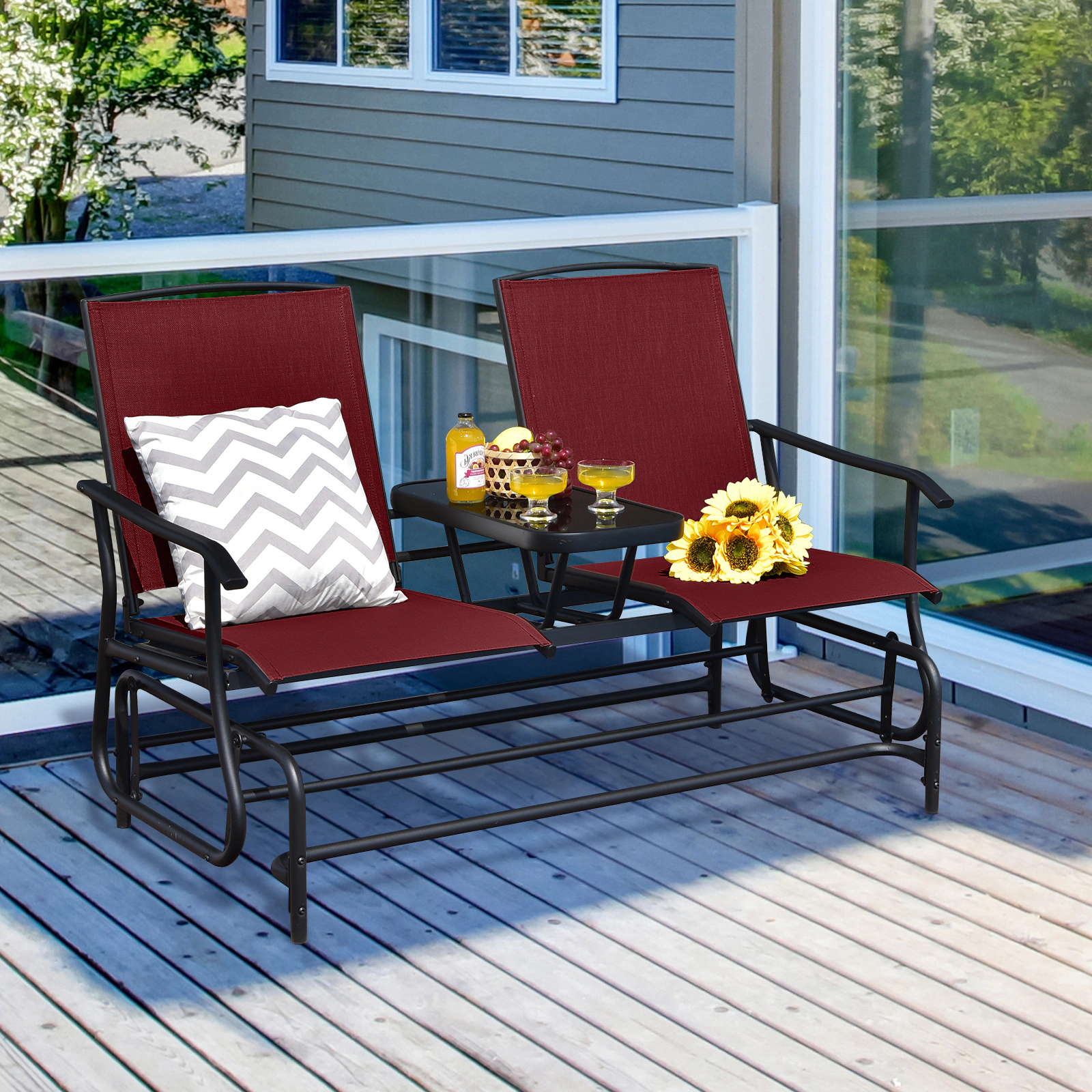SUGIFT 2-Person Mesh Steel Frame Tempered Glass Table Glider Rocking Chair 57-in x 28-in x 38-in 530-lb Capacity Red